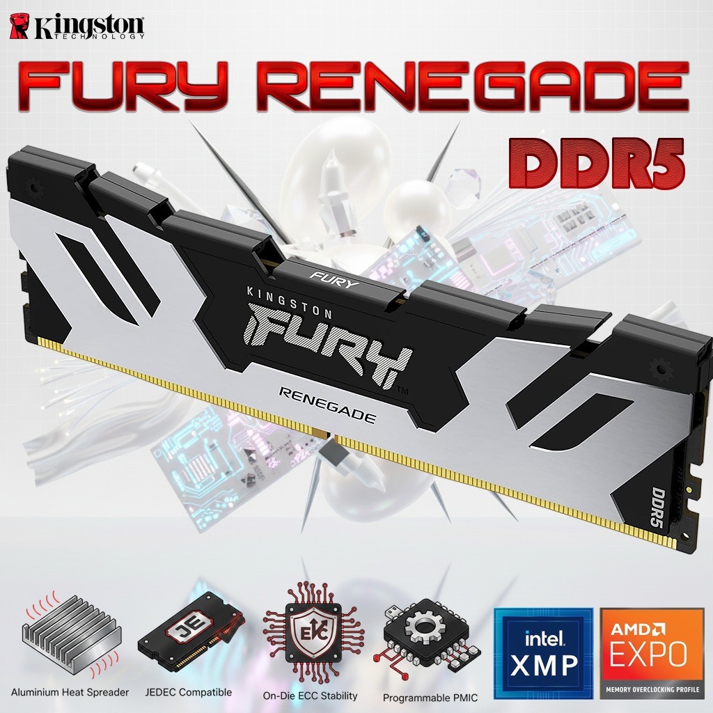 Kingston Fury Renegade 16GB DDR5 7600MT/s Desktop RAM With CL38 Timing 1.45V , Intel XMP 3.0 And AMD EXPO Support, Aluminium Heat Spreader, High-Speed Gaming Memory | Silver/Black ~ KF576C38RS-16 