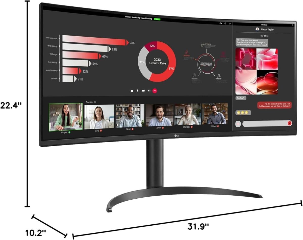 LG 34 Inch UltraWide Curved Monitor WQHD 3440x1440 HDR10 VA Panel 100Hz AMD FreeSync USB Type-C 65W PD PBP Dual Controller Tilt Height Stand 3-Side Borderless Design – 34WR55QC-B 