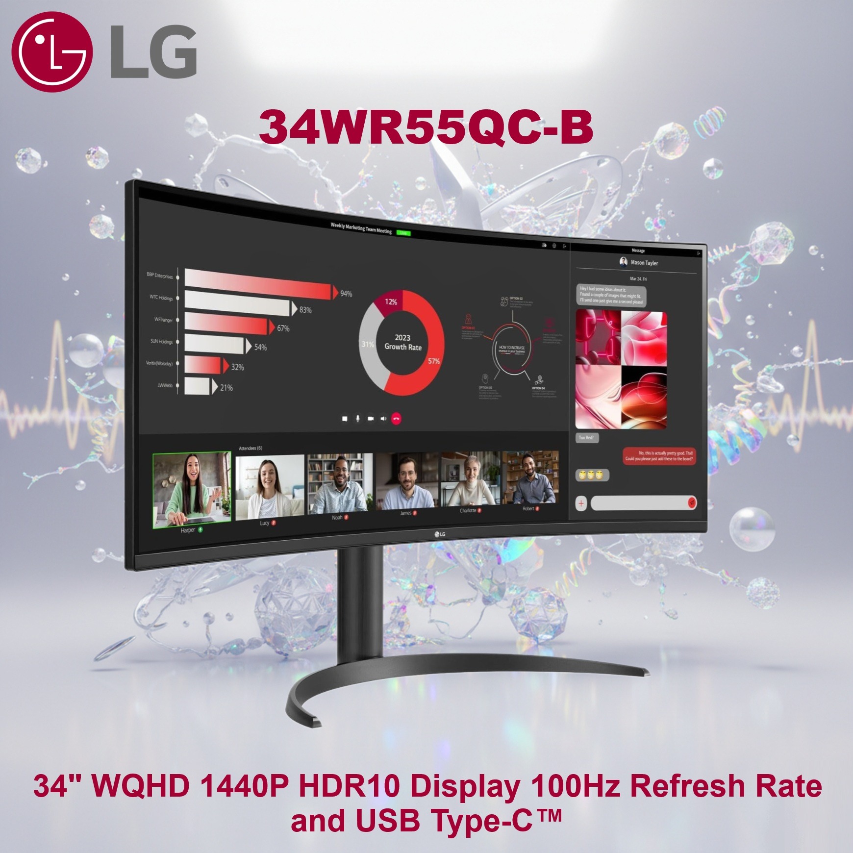 LG 34 Inch UltraWide Curved Monitor WQHD 3440x1440 HDR10 VA Panel 100Hz AMD FreeSync USB Type-C 65W PD PBP Dual Controller Tilt Height Stand 3-Side Borderless Design – 34WR55QC-B 