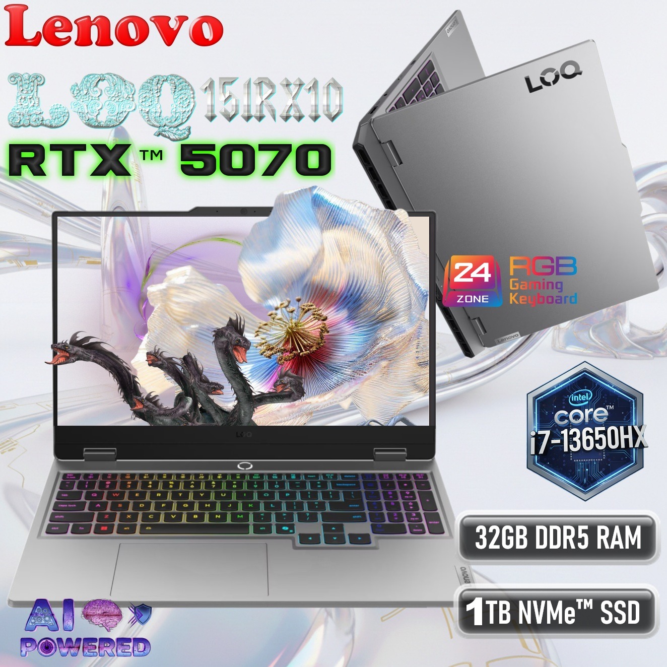 Lenovo LOQ 15IRX10 AI-Powered Gaming Laptop With Intel Core I7-13650HX, RTX 5070 8GB GDDR7, 32GB DDR5-4800, 1TB PCIe 4.0 SSD, 15.6" FHD 144Hz G-SYNC Display, Wi-Fi 6, Luna Grey