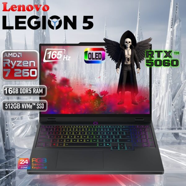 Lenovo Legion 5 15AHP10 AI-Powered Gaming Laptop With Ryzen 7 260, RTX 5060 8GB GDDR7, 16GB DDR5-5600, 512GB PCIe 4.0 SSD, 15.1" WQXGA OLED 165Hz Display, Wi-Fi 7, 80Wh Battery