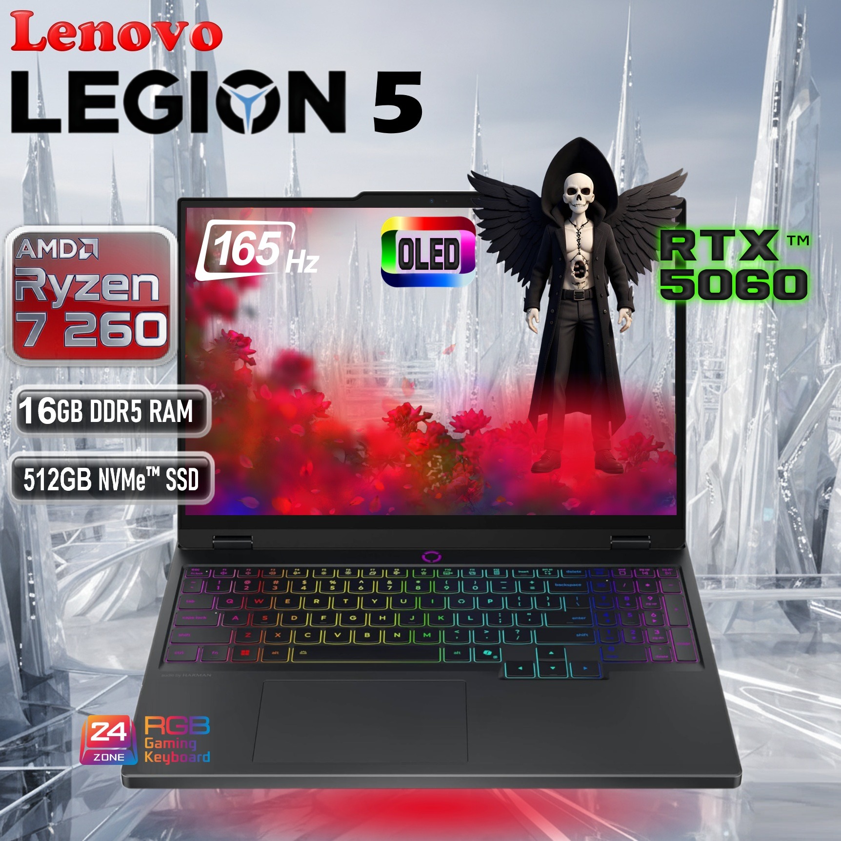 Lenovo Legion 5 15AHP10 AI-Powered Gaming Laptop With Ryzen 7 260, RTX 5060 8GB GDDR7, 16GB DDR5-5600, 512GB PCIe 4.0 SSD, 15.1" WQXGA OLED 165Hz Display, Wi-Fi 7, 80Wh Battery