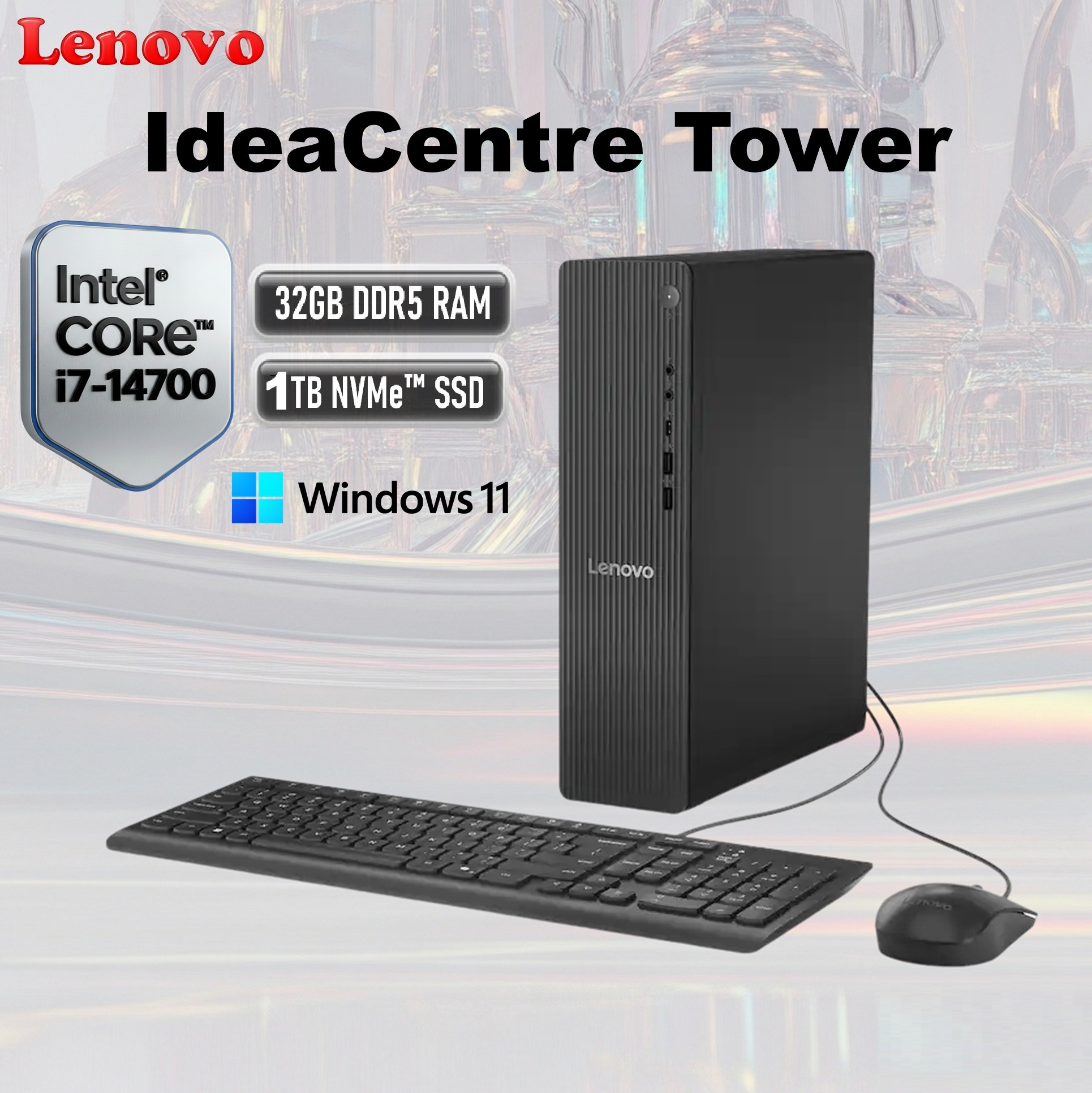 Lenovo IdeaCentre Tower 08IRR9 - Intel® Core i7-14700 | 32GB DDR5 RAM , 1TB SSD NVMe | Intel® UHD Graphics 770 | Wi-Fi® 6, BT5.2 | HDMI 2.1, USB-C, 260W PSU | Windows 11 | USB Keyboard & Mouse Incl. | BLACK (8.2L)