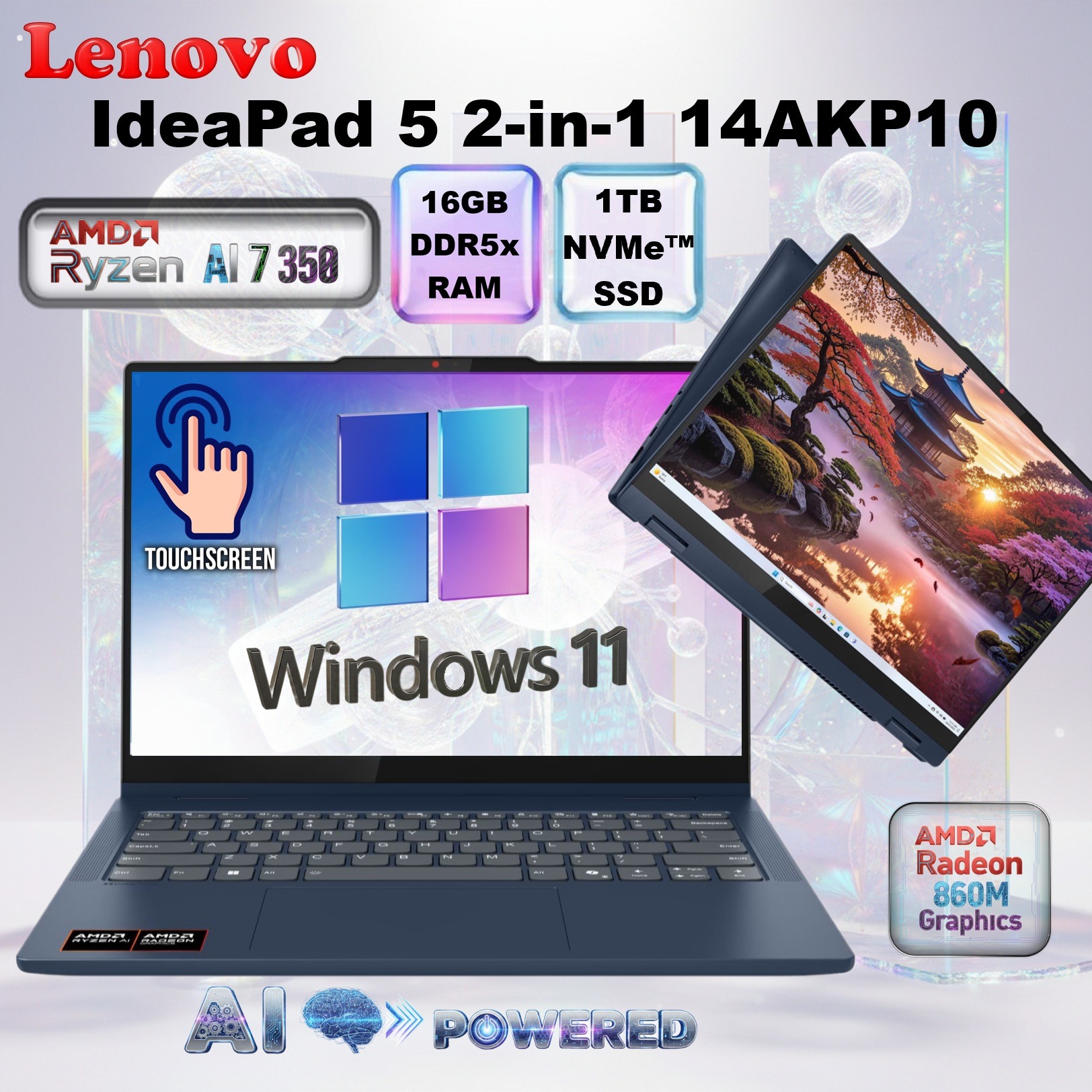 Lenovo IdeaPad 5 2-in-1 14AKP10 – AMD Ryzen AI 7 350 up to 50 TOPS | 16GB  LPDDR5x RAM ; 1TB SSD NVMe® | AMD Radeon™ 860M Graphics | 14-inch WUXGA IPS Touchscreen | Backlit Keyboard | Windows 11 |Cosmic Blue  ~  OPEN BOX 