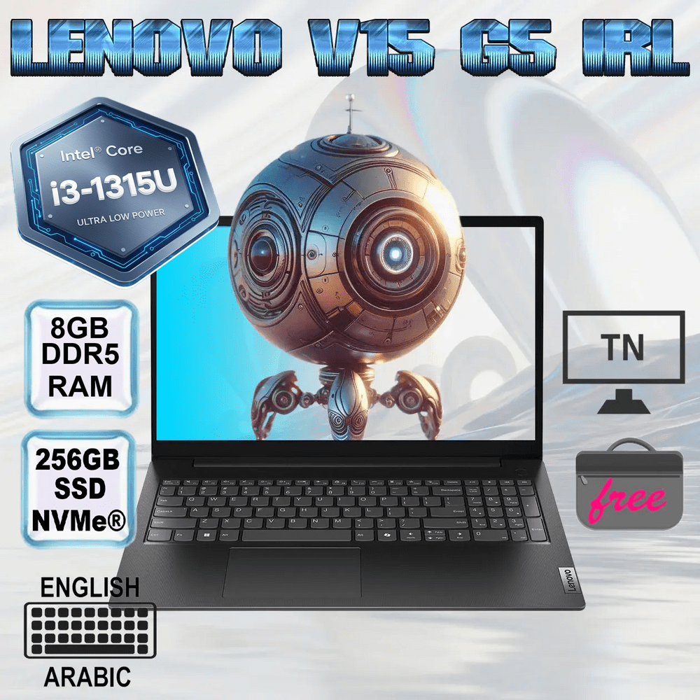 Lenovo V15 G5 IRL Intel® Core i3-1315U | 8GB DDR5 RAM , 256GB SSD NVMe® | Integrated Intel® UHD Graphics | 15.6-inch FHD TN Display | Arabic / English Keyboard | DOS | Lenovo® Laptop Bag Included | Business Black