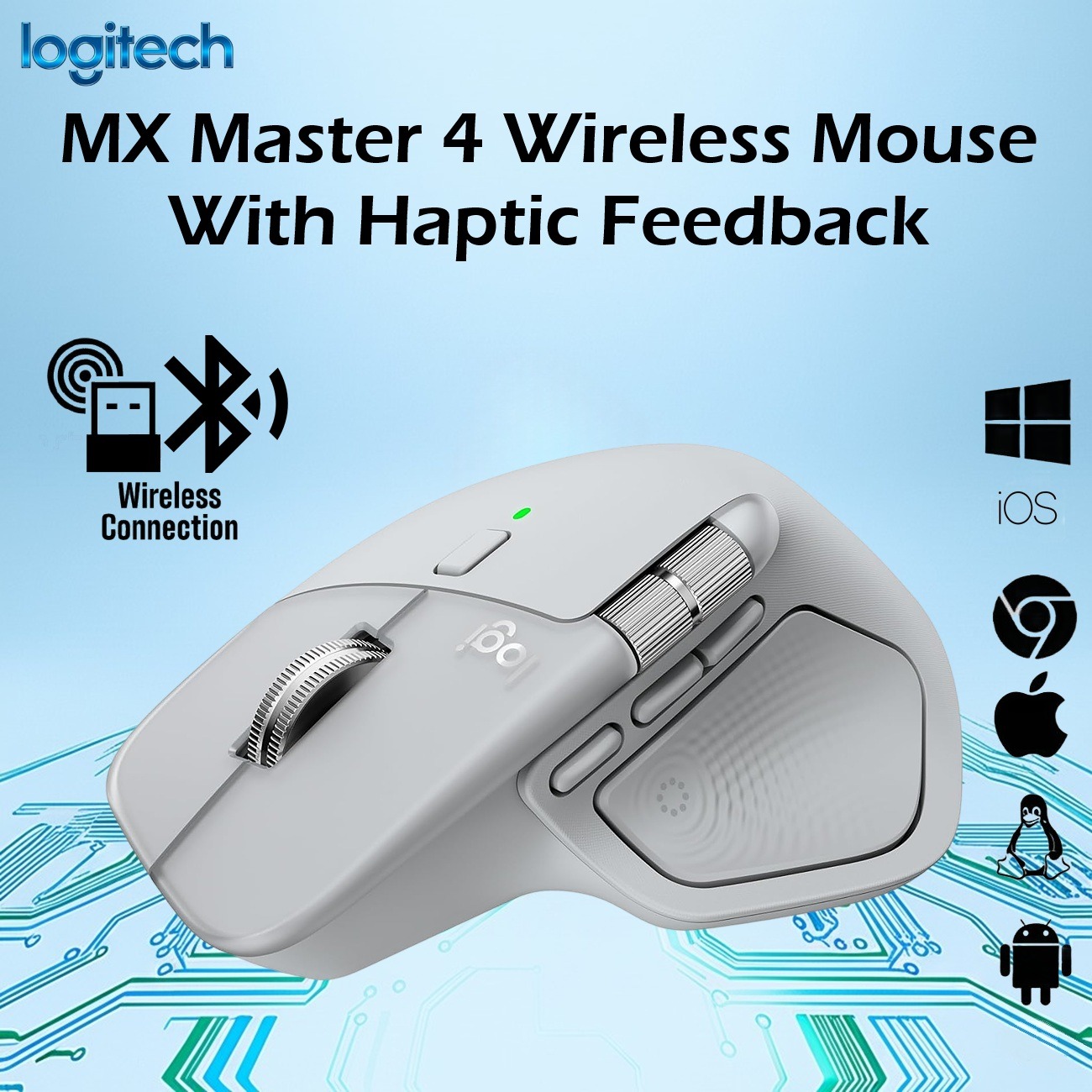 Logitech MX Master 4 Wireless Mouse With Haptic Feedback, MagSpeed Scroll Wheel, 8K DPI Darkfield Sensor, Bluetooth LE, USB-C Logi Bolt, Multi-Device Support | Pale Gray
