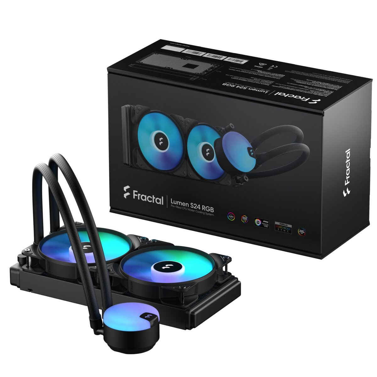 Fractal Lumen S24 RGB V2  ARGB Liquid Cooler With Six Addressable LEDs, Copper Cold Plate, Dual Aspect 12 RGB PWM Fans, Dark Stealth Mode, 400mm Tubes, And Wide Intel/AMD Socket Support | BLACK ~ FD-W-L1-S2412