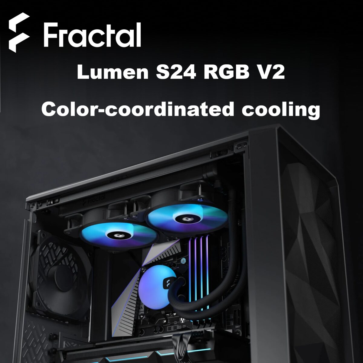 Fractal Lumen S24 RGB V2  ARGB Liquid Cooler With Six Addressable LEDs, Copper Cold Plate, Dual Aspect 12 RGB PWM Fans, Dark Stealth Mode, 400mm Tubes, And Wide Intel/AMD Socket Support | BLACK ~ FD-W-L1-S2412