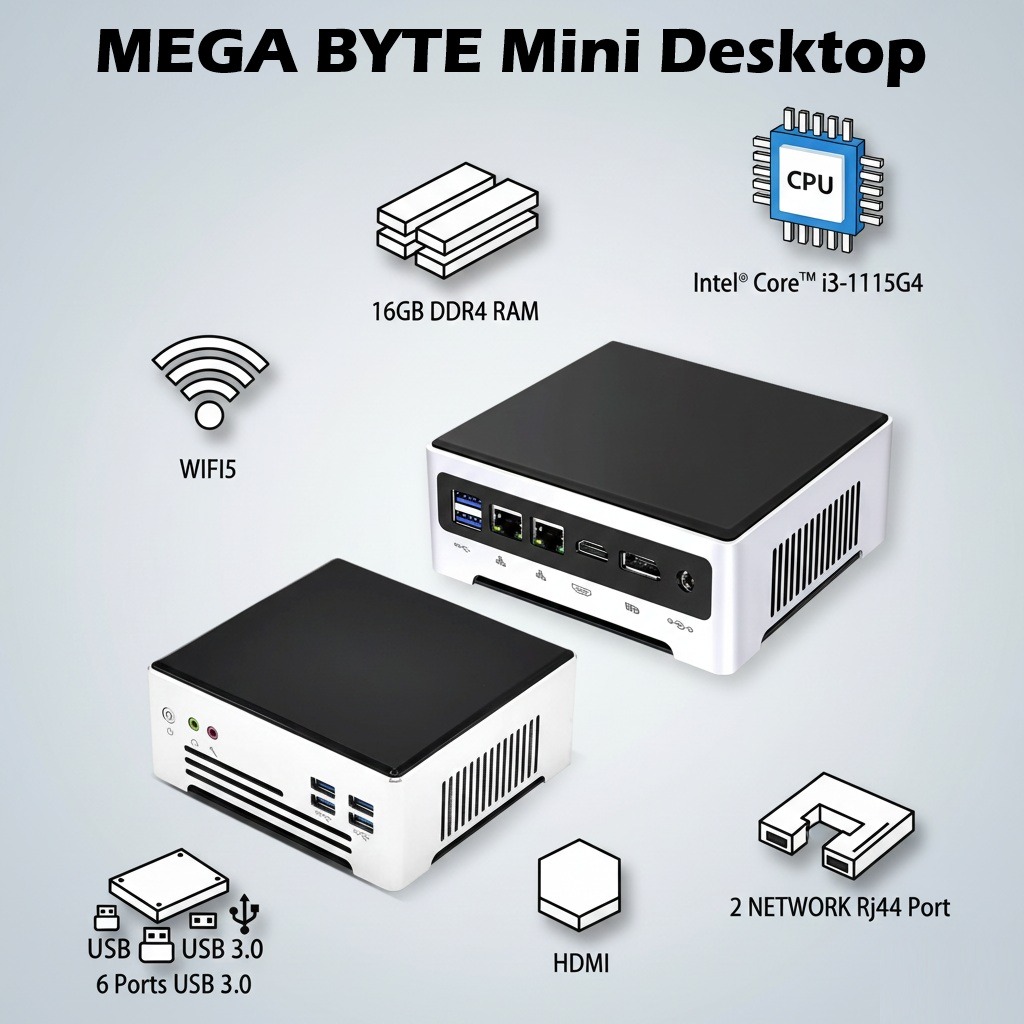 MEGA BYTE Mini Desktop With Intel Core i3-1115G4 | 16GB DDR4 RAM | 1TB SSD | DOS | Wi-Fi 5, HDMI, DisplayPort, 6x USB 3.0, Dual RJ45 Network Ports