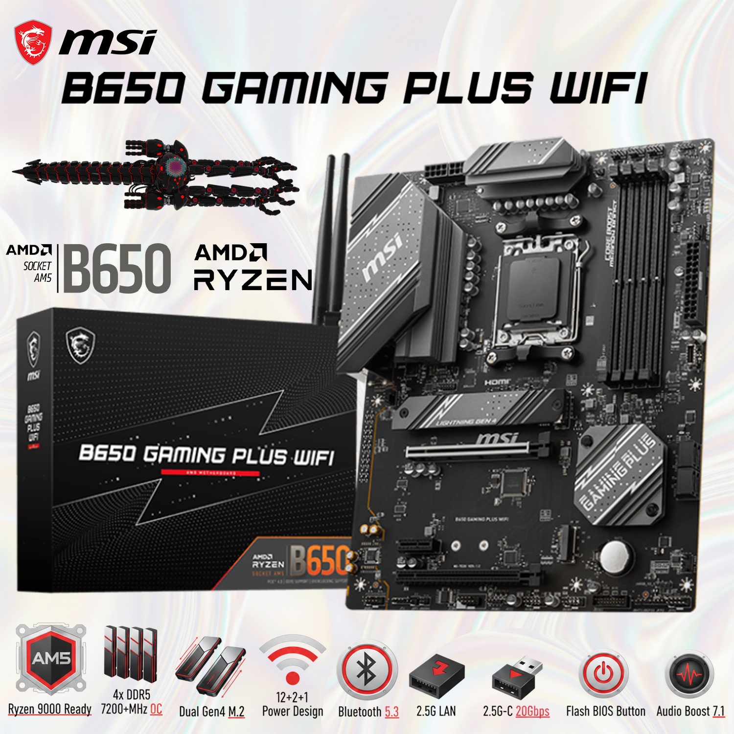 MSI B650 Gaming Plus WiFi AM5 ATX Motherboard With 4x DDR5 7200+MHz OC, PCIe 4.0, 12+2+1 Power Design, Wi-Fi 6E, 2.5G LAN, Dual Gen4 M.2