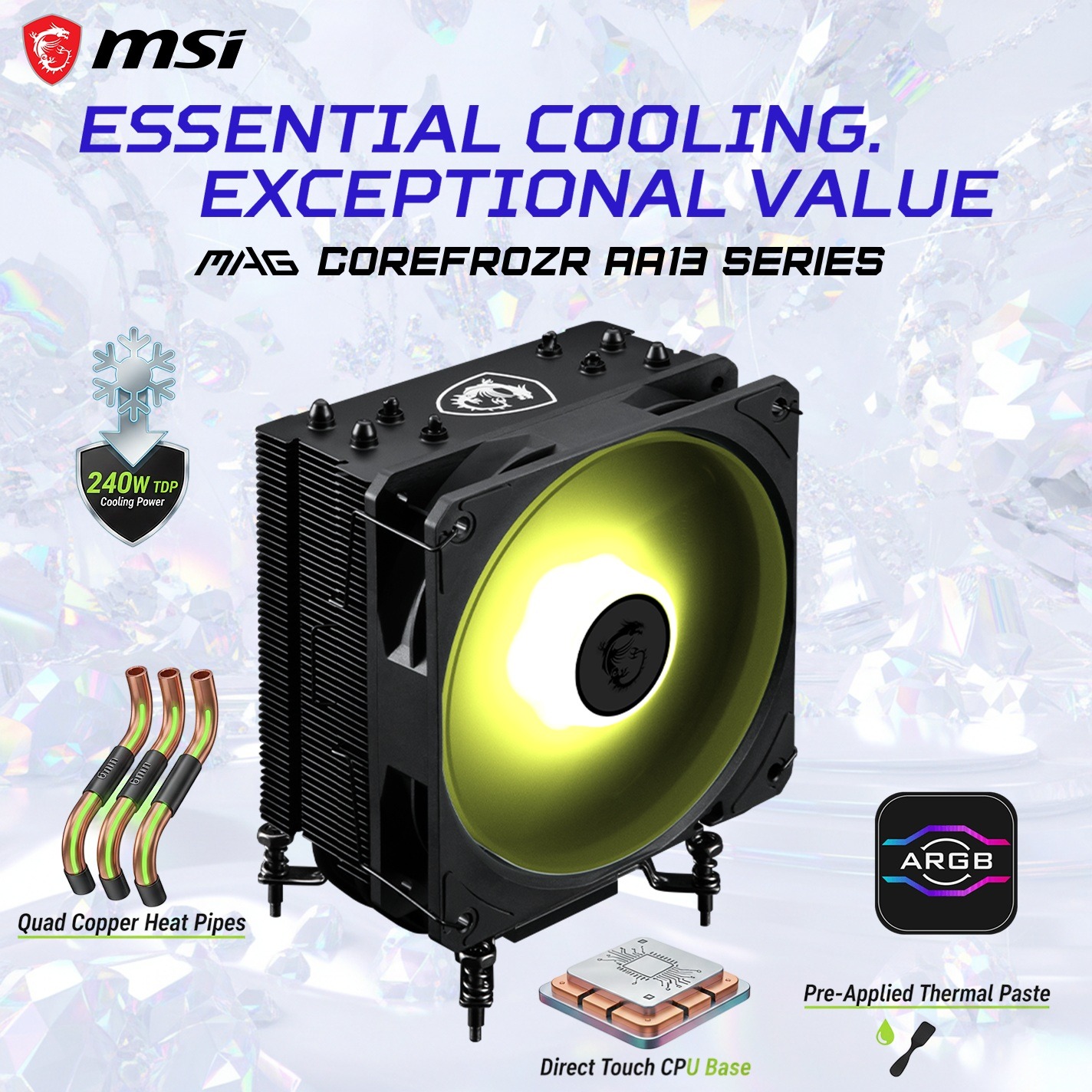 MSI MAG COREFROZR AA13  ARGB CPU Air Cooler With 240W TDP, Quad 6mm Heat Pipes, 120mm CycloBlade7 Fan, Intel LGA 1700/1851 & AMD AM4/AM5 Support | Black