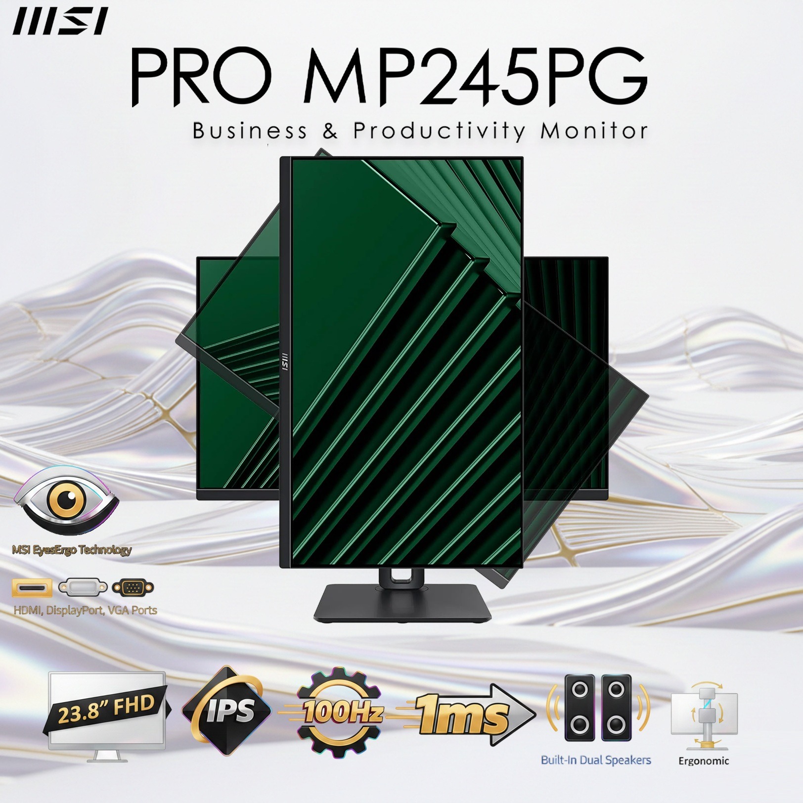 MSI PRO MP245PG 23.8 Inch Full HD Office Monitor - 1920 x 1080 IPS Panel, 100 Hz, Eye-Friendly Screen, VESA Mountable, Display Kit Support, 4-Way Adjustable - HDMI 1.4, DisplayPort 1.2, D-Sub