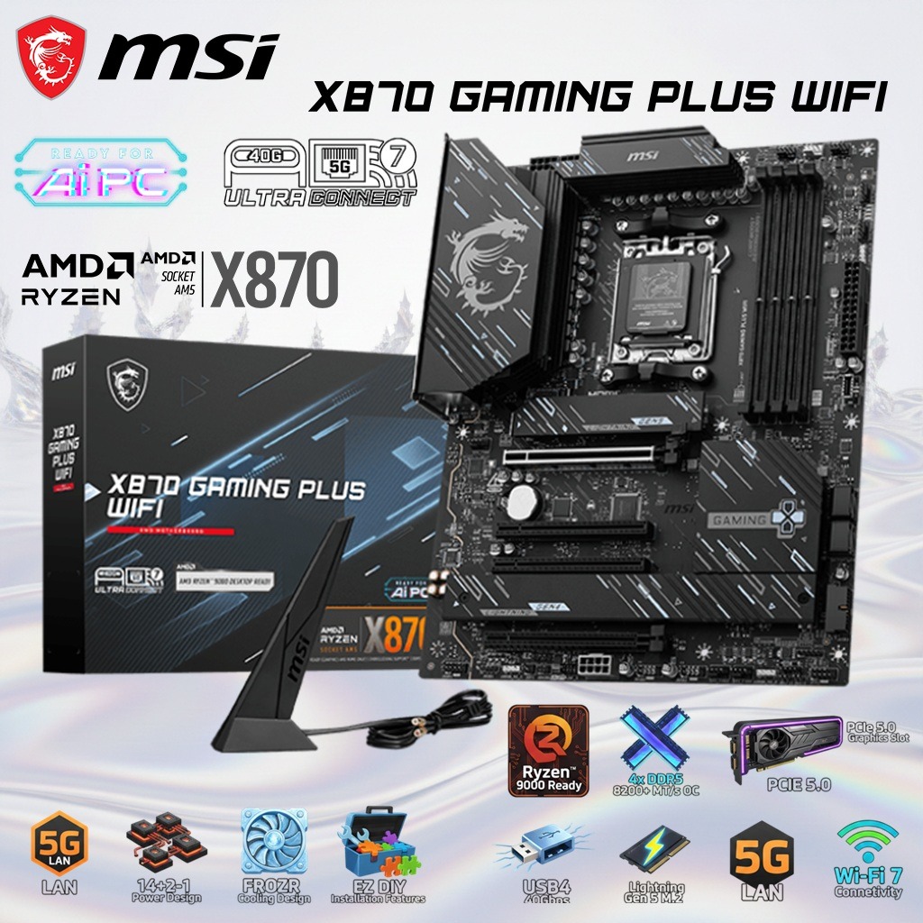 MSI X870 GAMING PLUS WIFI AM5 ATX Motherboard With AMD X870 Chipset, AM5 Socket, 4x DDR5 8200+ MT/s OC, PCIe 5.0, USB4 40Gbps, Wi-Fi 7, 5G LAN 
