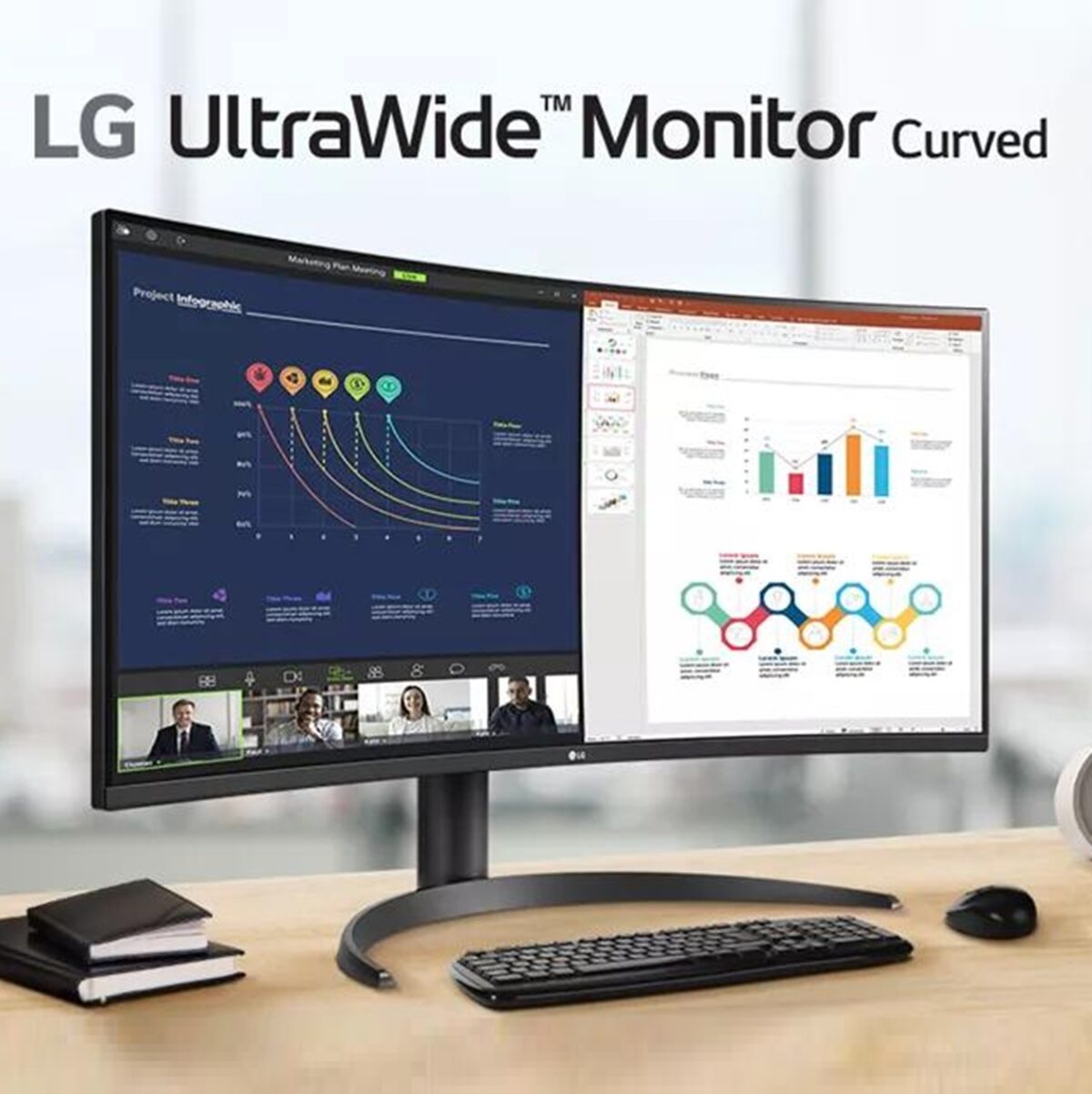 LG 34 Inch UltraWide Curved Monitor WQHD 3440x1440 HDR10 VA Panel 100Hz AMD FreeSync USB Type-C 65W PD PBP Dual Controller Tilt Height Stand 3-Side Borderless Design – 34WR55QC-B 