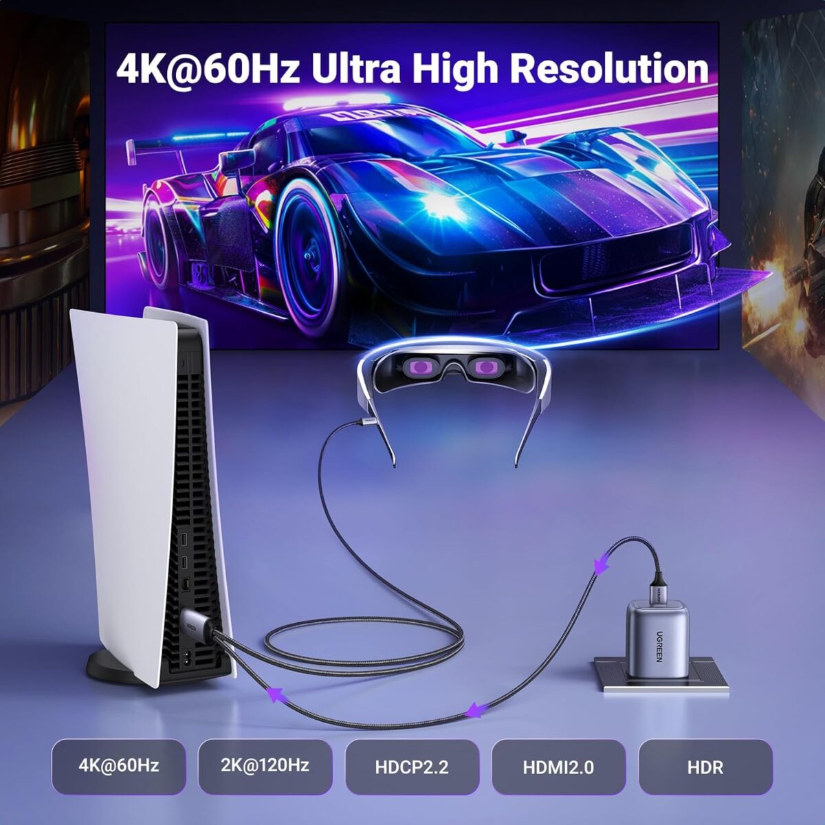 UGREEN-35984A UGREEN HDMI to USB-C 4K 60Hz 2 Meter Cable With USB Power Cable UGREEN Active HDMI To USB-C 4K 60Hz Cable With USB Power 2-meters , Supports 2K 120Hz 1080P 144Hz HDR Surround Audio, Unidirectional HDMI to Thunderbolt , for Switch, PS5 - SteamDeck - Laptop to USB-C Portable Monitor -AR/XR Headset | 35984A