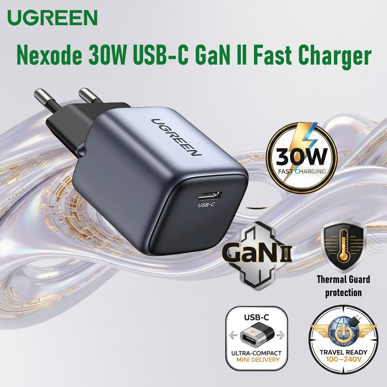 UGREEN Nexode 30W USB-C GaN II Fast Charger With PPS Adaptive Charging, Thermal Guard Protection And Ultra-Compact Design For iPhone 16, Galaxy S24 And MacBook Air | CD319-90666