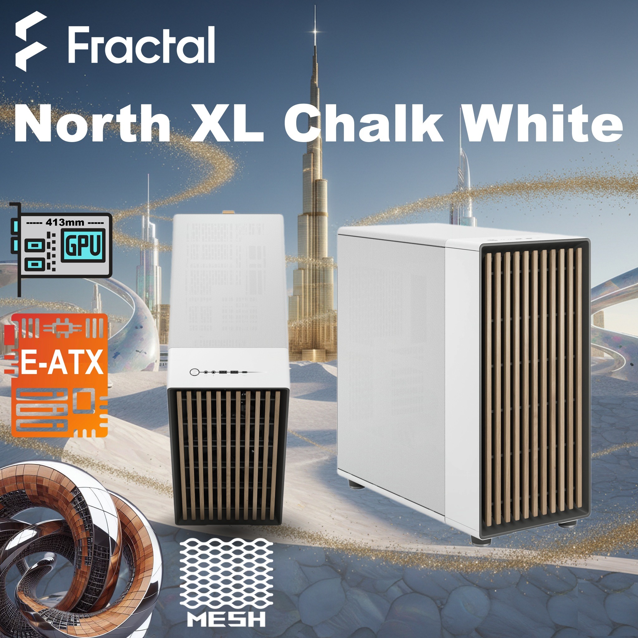 FD-C-NOR1X-03 Fractal North XL Mid-Tower CASE CHALK WHITE MESH SIDE PANEL Fractal North XL Chalk White Mesh PC Case – Open-Front Natural Ventilation E-ATX Support, 420 mm Radiator Capacity, 413 mm GPU Clearance, 3× 140 mm Aspect PWM Fans, Premium Mesh & Wood Front Design ~ FD-C-NOR1X-03