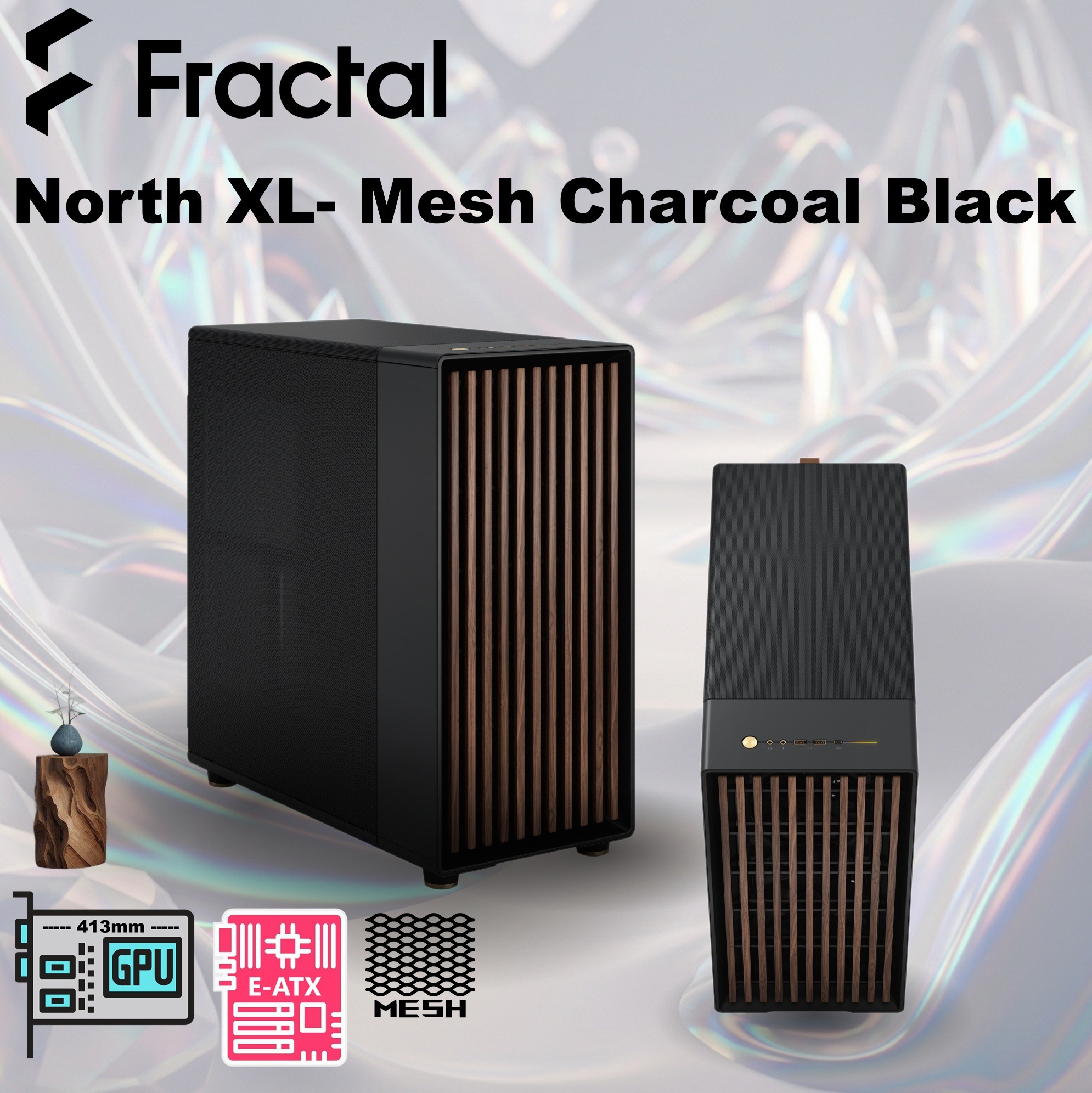 FD-C-NOR1X-01 Fractal North XL Mid-Tower CASE CHARCOAL Mesh Side Panel Fractal North XL Charcoal Mesh Mid Tower Case FD-C-NOR1X-01 – Open-Front Natural Ventilation, E-ATX Support, 413mm GPU Clearance, 420mm Radiator Ready, 3×140mm Fans Included | Charcoal Black ~  FD-C-NOR1X-01