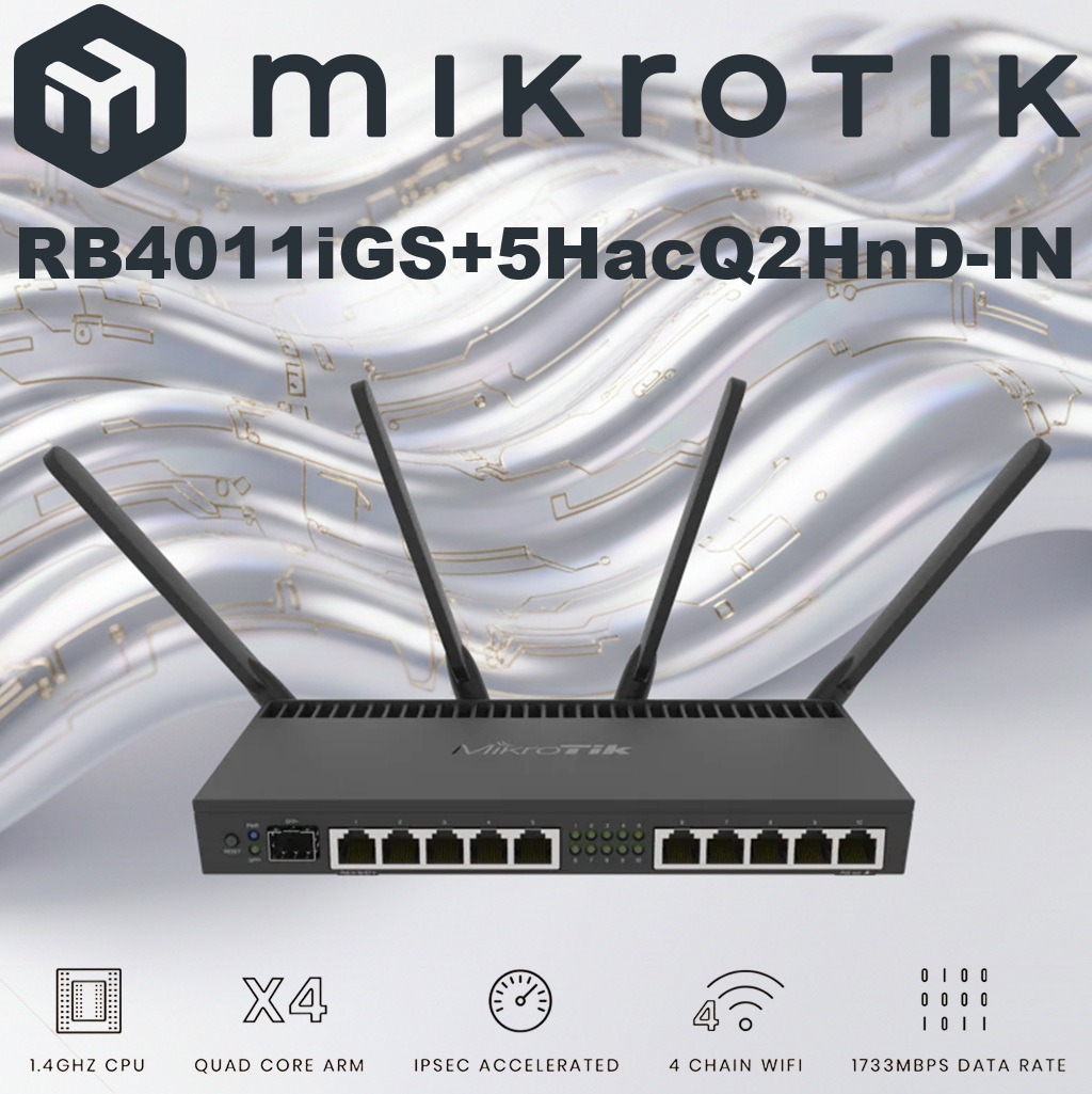 MikroTik RB4011 Quad-Core Router With 10x Gigabit Ports, SFP+ 10Gbps, Dual-Band AC2000 Wi-Fi, 1GB RAM, PoE-Out, RouterOS v7 | RB4011iGS+5HacQ2HnD-IN