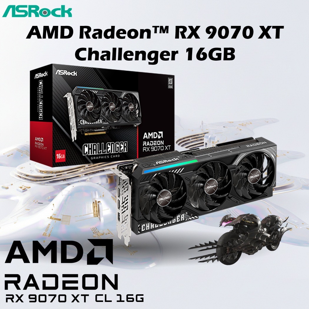 ASRock AMD Radeon RX 9070 XT Challenger 16GB GDDR6 Triple-Fan GPU With RDNA 4, 64 CUs, 2970 MHz Boost, 20Gbps Memory, HDMI 2.1b, DP 2.1a, 2×8-Pin Power, Metal Backplate – RX9070XT CL 16G 