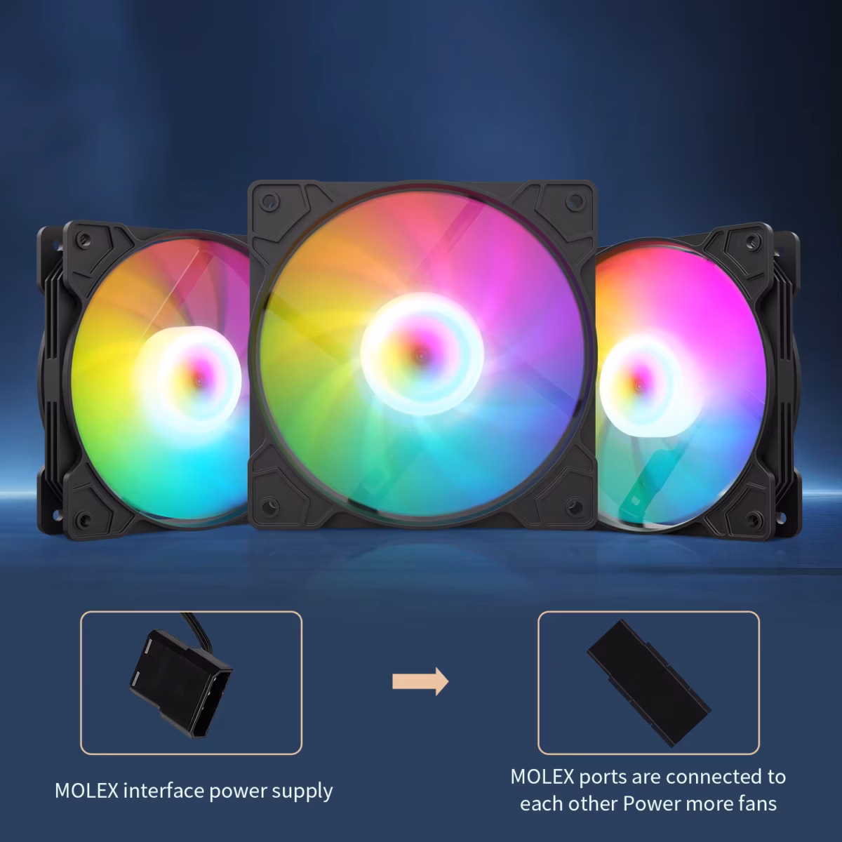 FAN-RGB-12CM FAN 12CM FOR CASE RGB MOLEX AsiaFox  120mm RGB PC Case Fan Black With Hydro Bearing 1200RPM 64CFM Airflow 24dBA Quiet Operation Molex 4 Pin Connector And 40000 Hour Lifespan