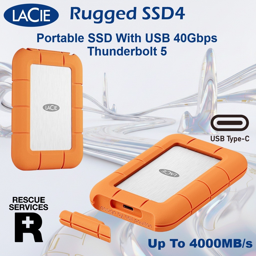 Seagate LaCie Rugged SSD4 2TB Portable SSD With USB 40Gbps Thunderbolt 5 Up To 4000MB/s IP54 Rugged Design USB-C Universal Compatibility