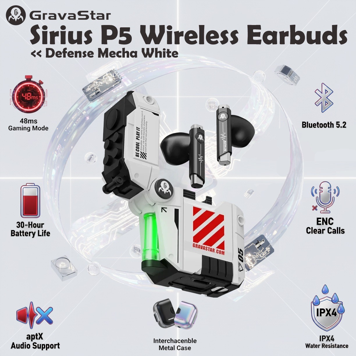 GravaStar Sirius P5 Wireless Earbuds With 12mm Dynamic Drivers, Bluetooth 5.2, 48ms Gaming Mode, Interchangeable Shell Charging Case, ENC Calling, 30-Hour Playtime, IPX4 | Defense Mecha White 