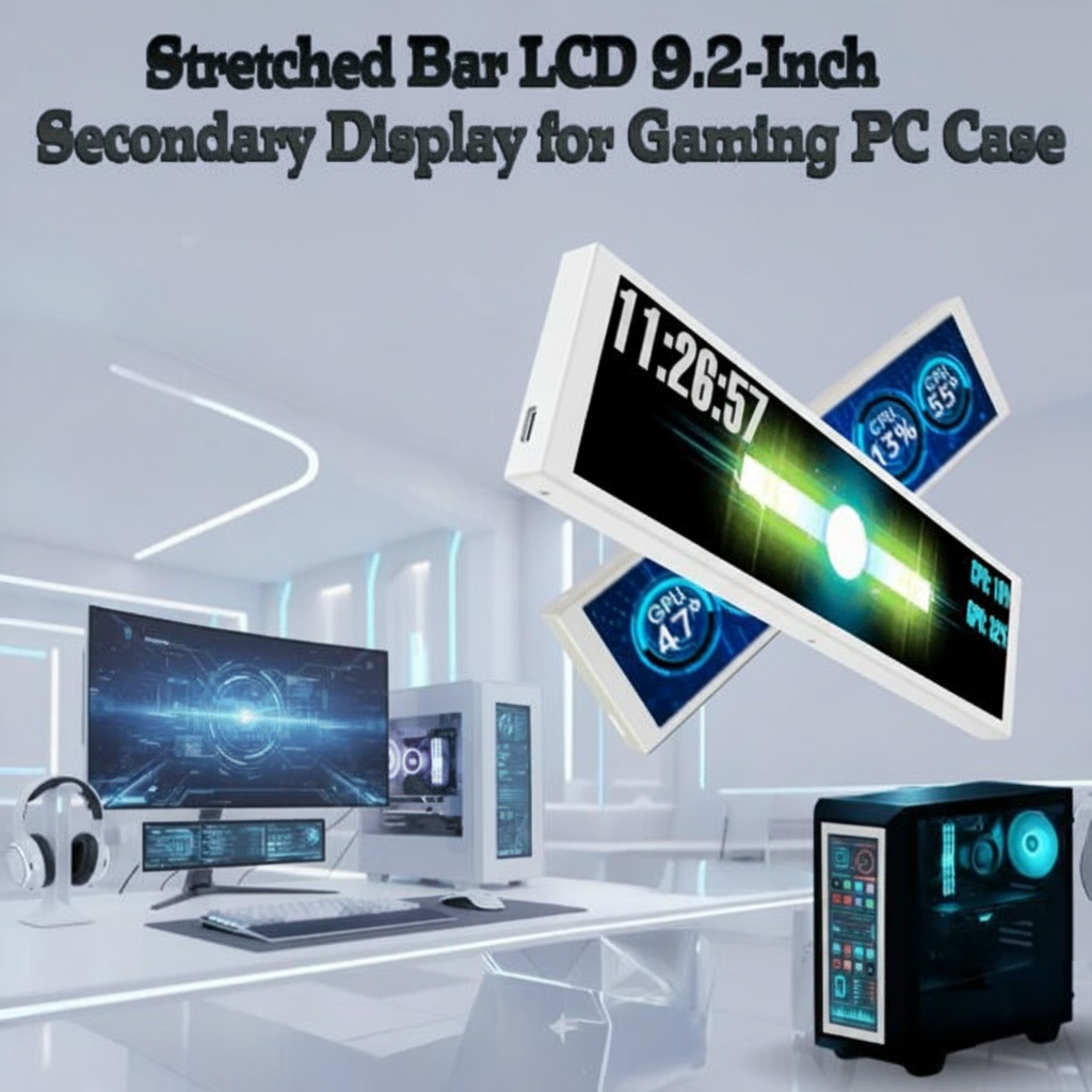 Stretched Bar LCD 9.2-Inch Secondary Display for Gaming PC Case With 1920×462 Resolution, Aluminum Alloy Housing, USB-C Direct Connection, Theme Customization, Screen Rotation, Video Playback Support | WHITE ~ MIRABOX-D92