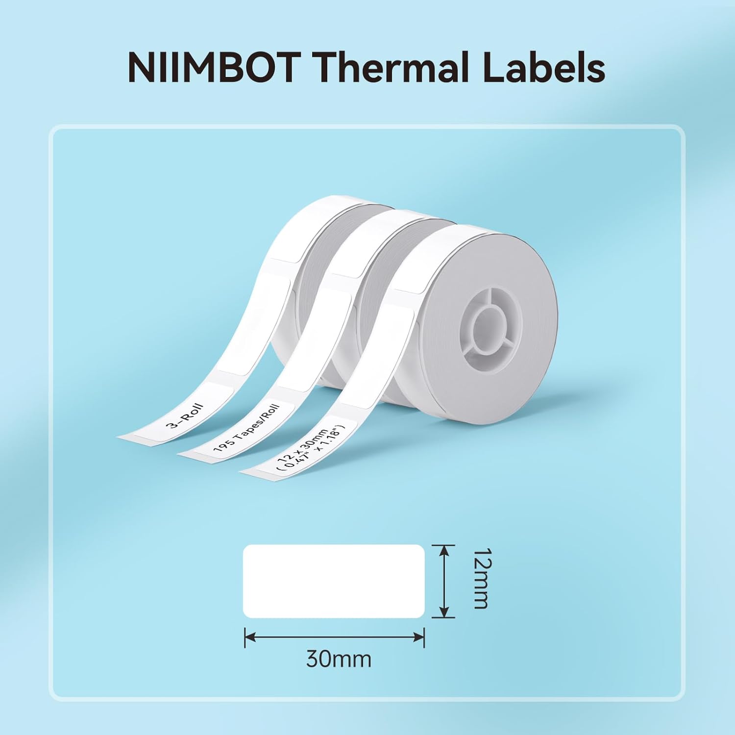 NIIMBOT Label Maker Tape for D11/D110/D101 Label Maker, 12 x 30 mm, 195 Adhesive Tapes/Roll, 3 Rolls, Thermal Label Tape for Home Office Labeling Tape, Replacement Tape, White
