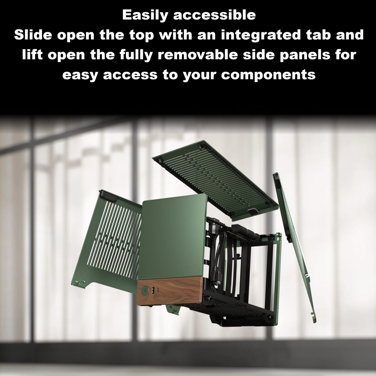 FD-C-TER1N-01 FRACTAL DESIGN TERRA GRAPHITE MINI ITX USB 3.2 CASE Fractal Terra Graphite Mini-ITX Case With Solid Walnut Front, 8mm Aluminum Panel, PCIe 4.0 Riser, Adjustable Spine, 322mm GPU Support, SFX PSU, Dual SSD Mounts ~ FD-C-TER1N-01