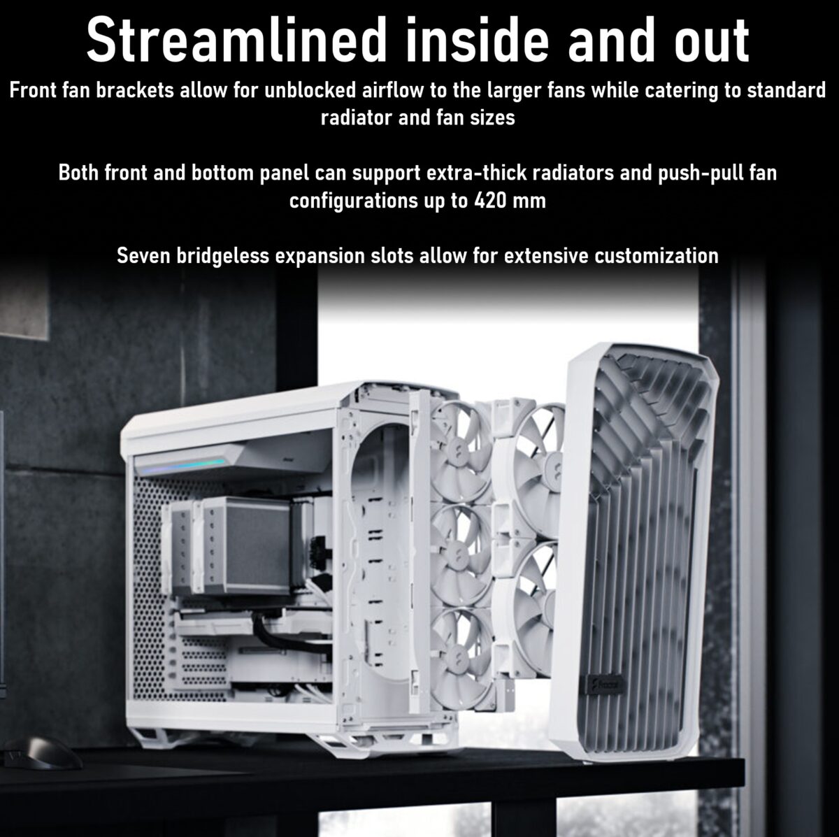 FD-C-TOR1A-07 FRACTAL DESIGN TORRENT WHITE RGB LIGHT TINT CASE Fractal Torrent White RGB TG Clear Tint PC Case With 180 mm Prisma Fans, Extreme Airflow Design, E-ATX Support, 461 to 423 mm GPU, 420 mm Radiator Compatibility & Tempered Glass ~ FD-C-TOR1A-07