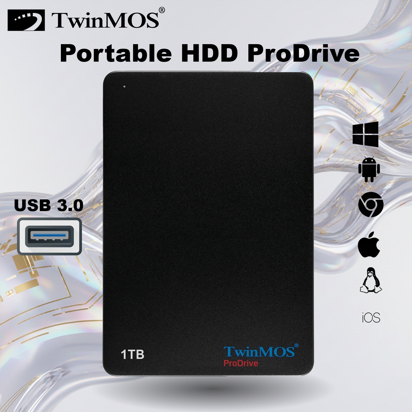 TwinMOS ProDrive 1TB Portable HDD With USB 3.0 High-Speed 5Gbps Transfer, Shock-Resistant Design,  LED Indicator, USB-Powered, SMART Support, Supports Android, Chromebook , iOS, Windows, macOS, and Linux | BLACK ~ TM1000GPD