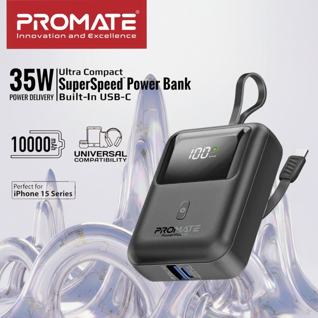 Promate PowerPod-10 Ultra Compact 35W Power Bank With 10000mAh Battery, Built-In USB-C Cable, USB-C Power Delivery, QC 3.0 USB-A, Smart LED Display