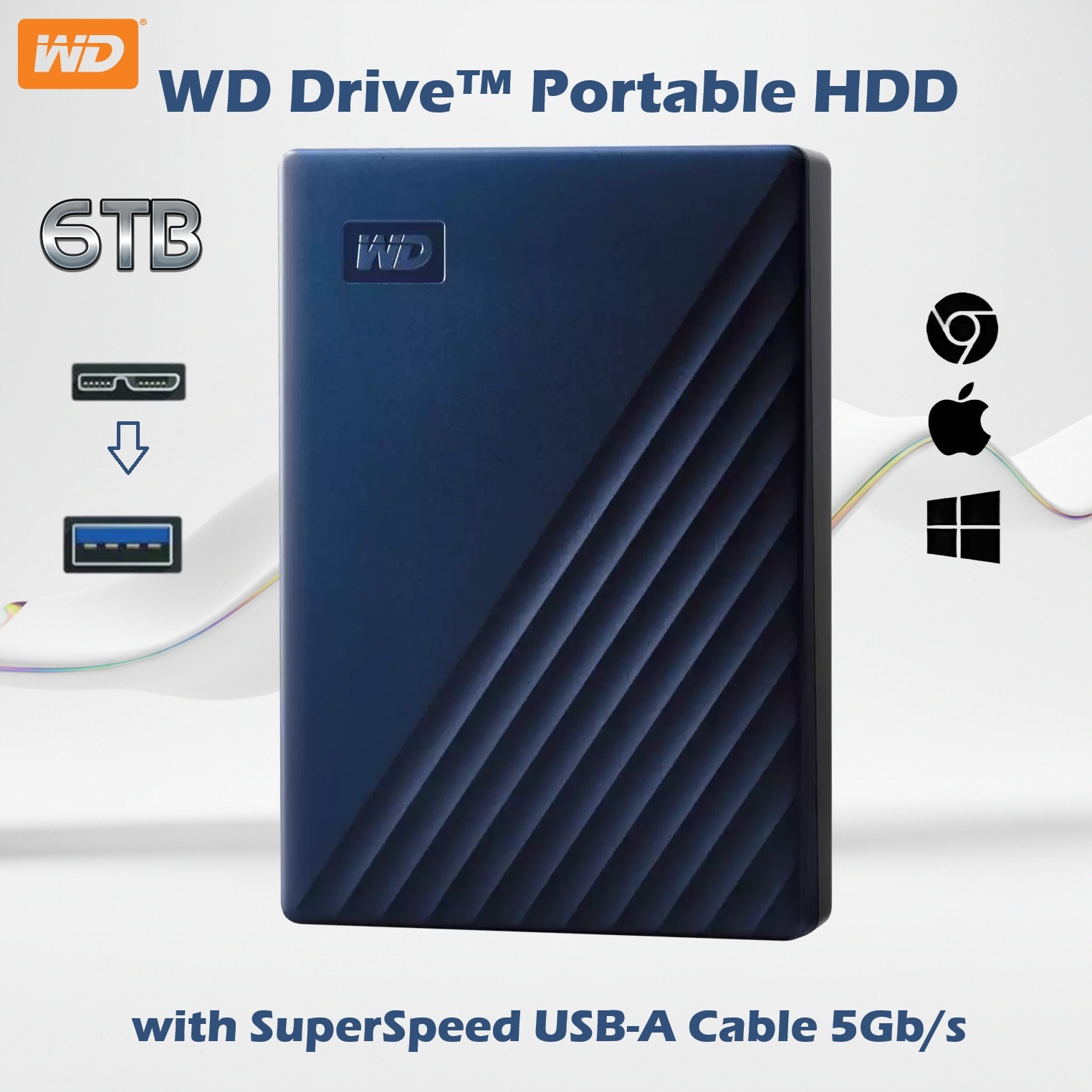 WDBRBU0060BBL-BB EXTERNAL HDD WD DRIVE 6TB WD Drive 6TB Portable HDD , Micro-B / USB A 5Gbps , Slim Durable Design, Password Protection, Plug-And-Play Storage , Formatted exFAT, Windows Mac ChromeOS Compatible | NAVY ~ WDBRBU0060BBL-BB