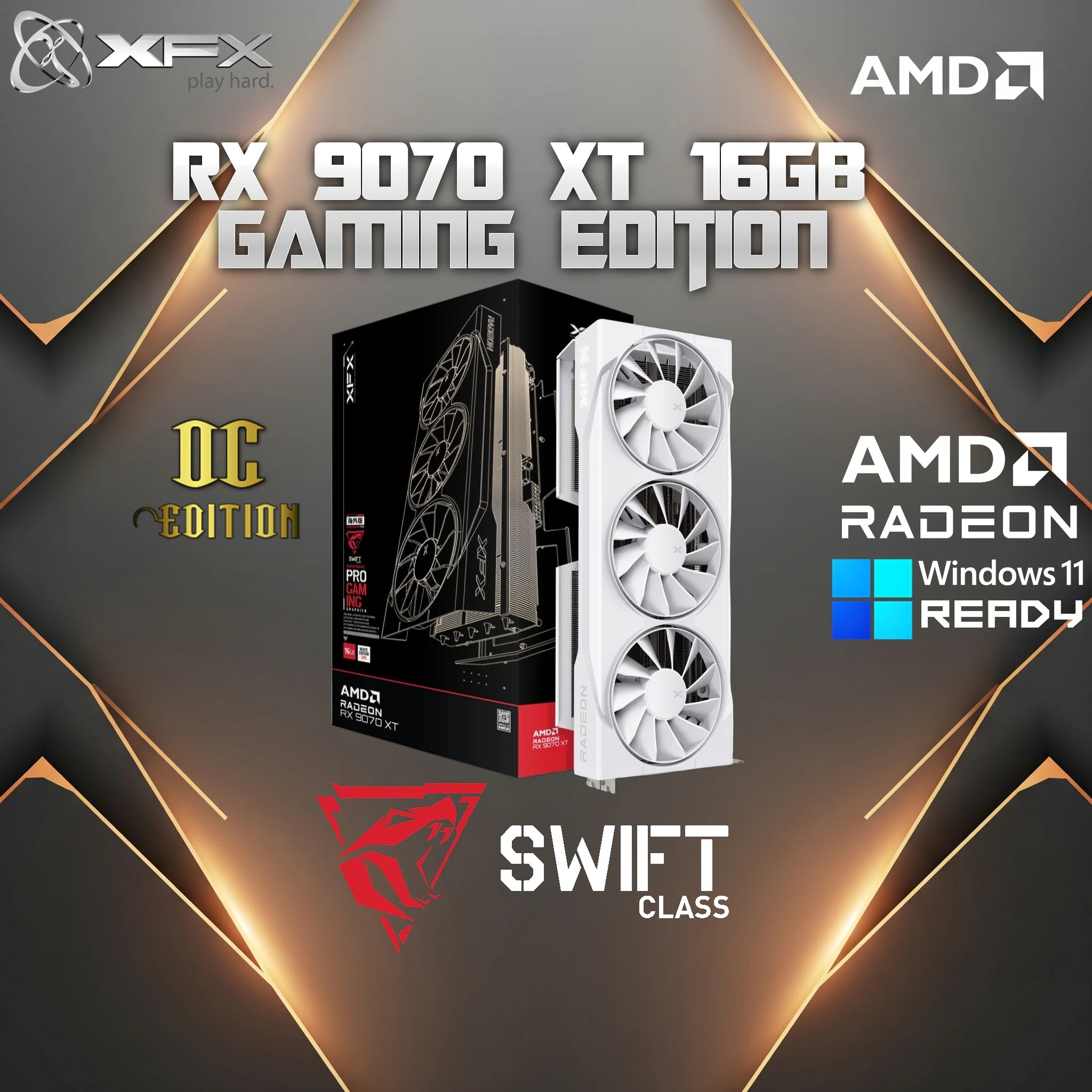 XFX Swift AMD Radeon RX 9070 OC Triple 90mm Fan Gaming Edition – 16GB GDDR6, PCIe 5.0,  AMD RDNA™ 4, 4096 Stream Processors, 2700 MHz Boost , AMD & Windows Ready | WHITE ~ RX-97SWFT3WG | FACTORY REFURB