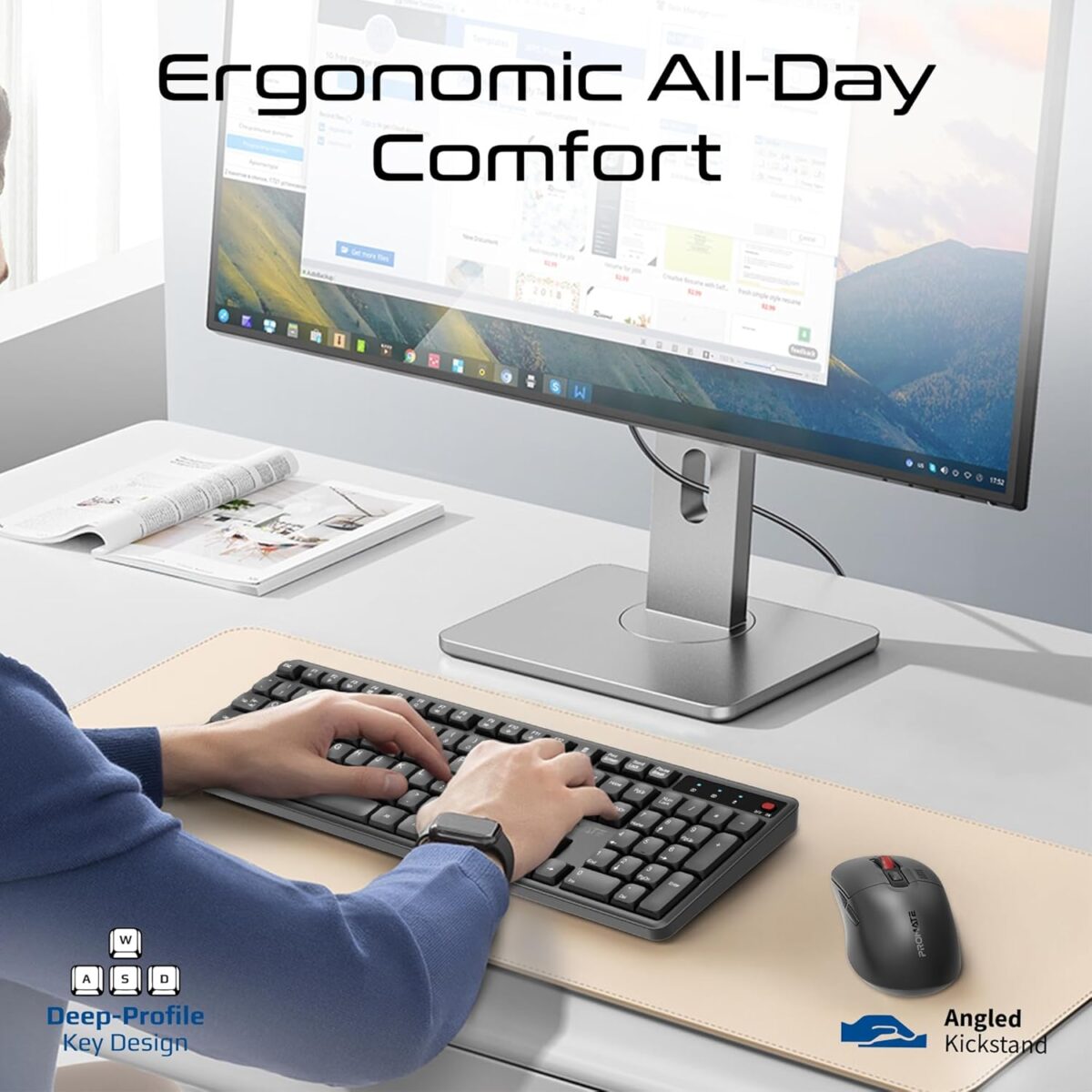 Promate ProCombo-15 Wireless Keyboard And Mouse Combo With Silent Keys Under 22dB, Ergonomic Design, 2.4GHz Connectivity, 5000 DPI Adjustable Mouse, Plug And Play Support