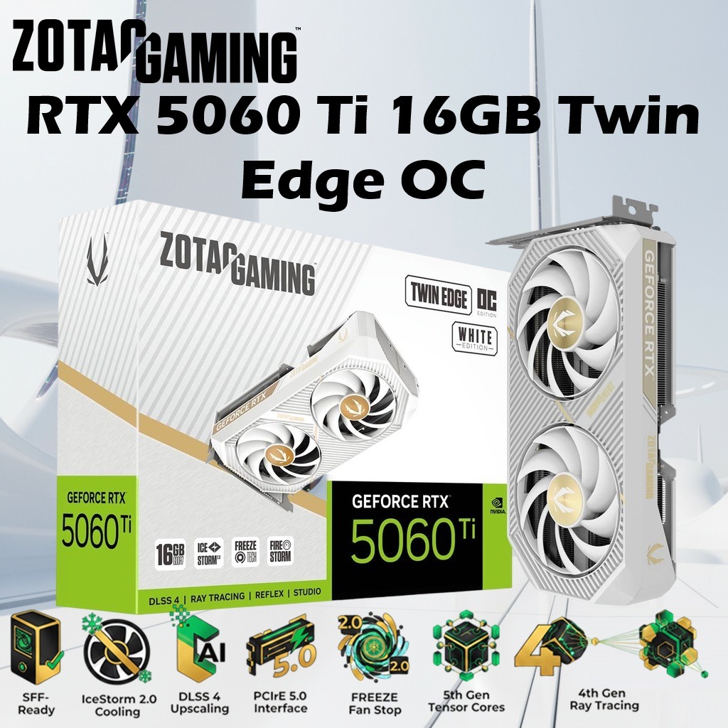 ZOTAC GAMING GeForce RTX 5060 Ti 16GB Twin Edge OC White Edition , 4608 CUDA Cores, 2602 MHz Engine Boost,  Blackwell Architecture, DLSS 4, PCIe 5.0, IceStorm 2.0 Cooling, SFF-Ready Design | WHITE 