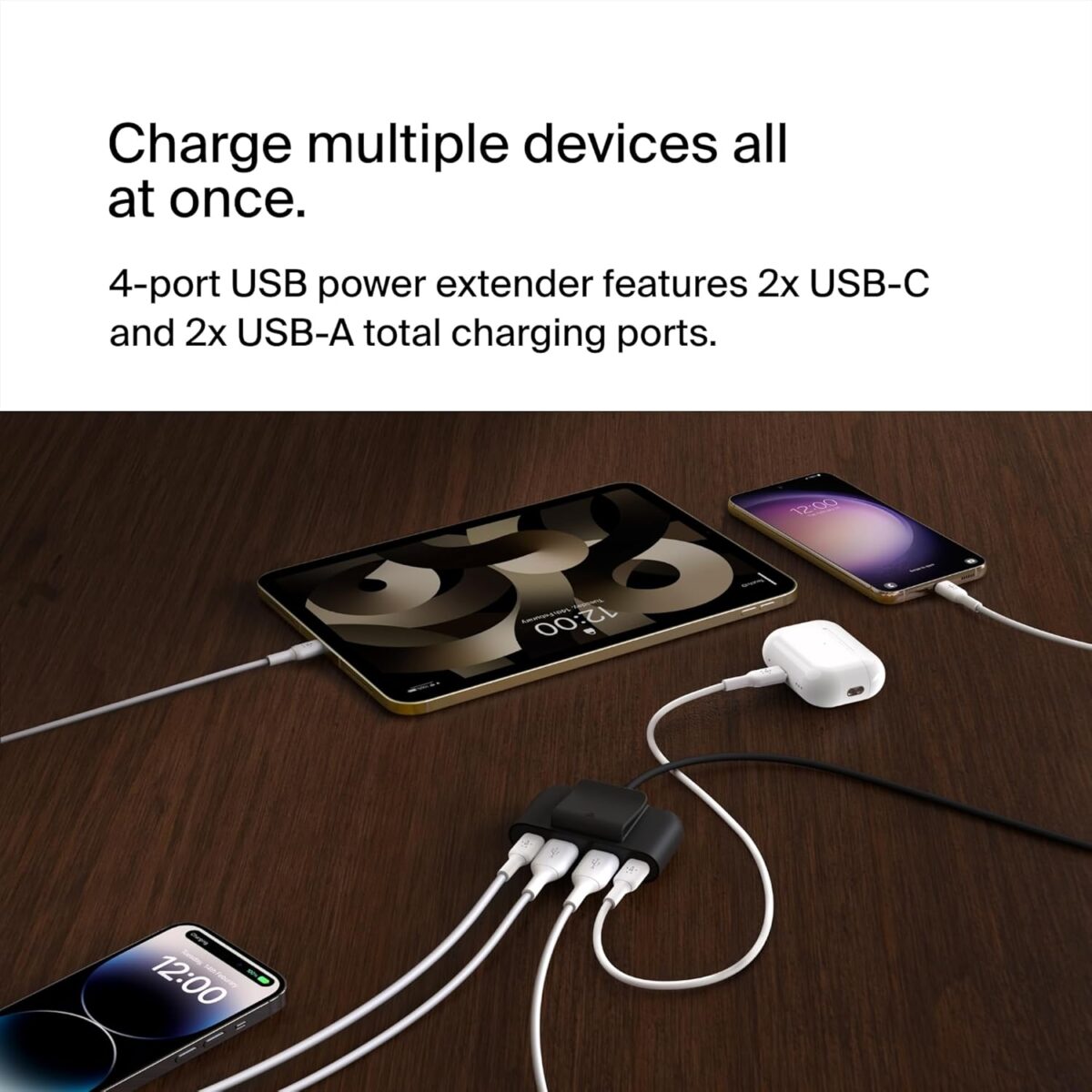 Belkin BoostCharge 4-Port USB Power Extender , 2× USB-C + 2× USB-A, 2m Extension Cable, Multi-Device Charging for iPhone 17/16/15 Series, iPad, Pixel, Galaxy & More | BLACK~ BUZ001