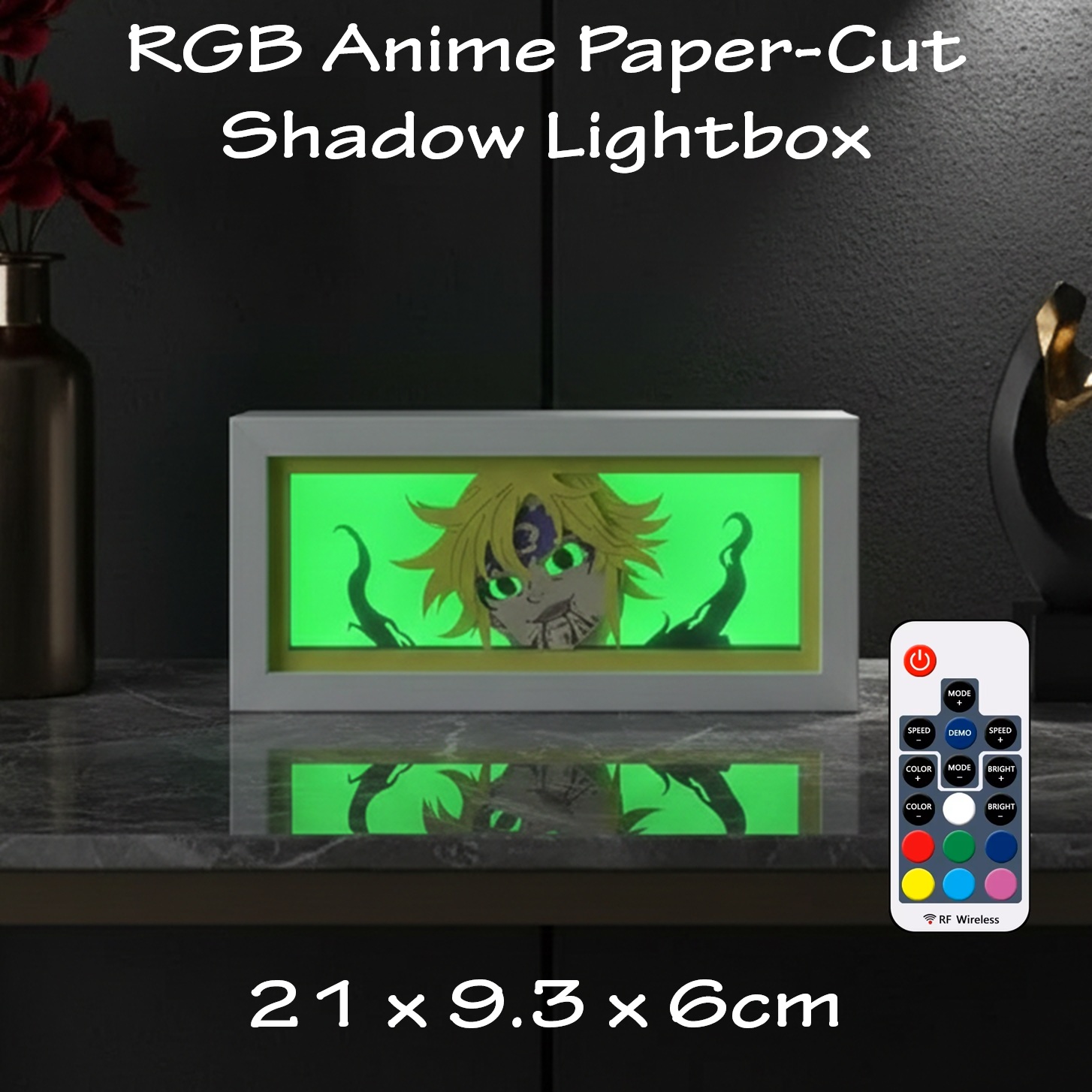 Meliodas RGB Anime Paper-Cut Shadow Lightbox [21 x 9.3 x 6cm] From The Seven Deadly Sins With Layered Art Design, 16 RGB Lighting Modes, White MDF Wood Frame, USB Power, And Remote Control 