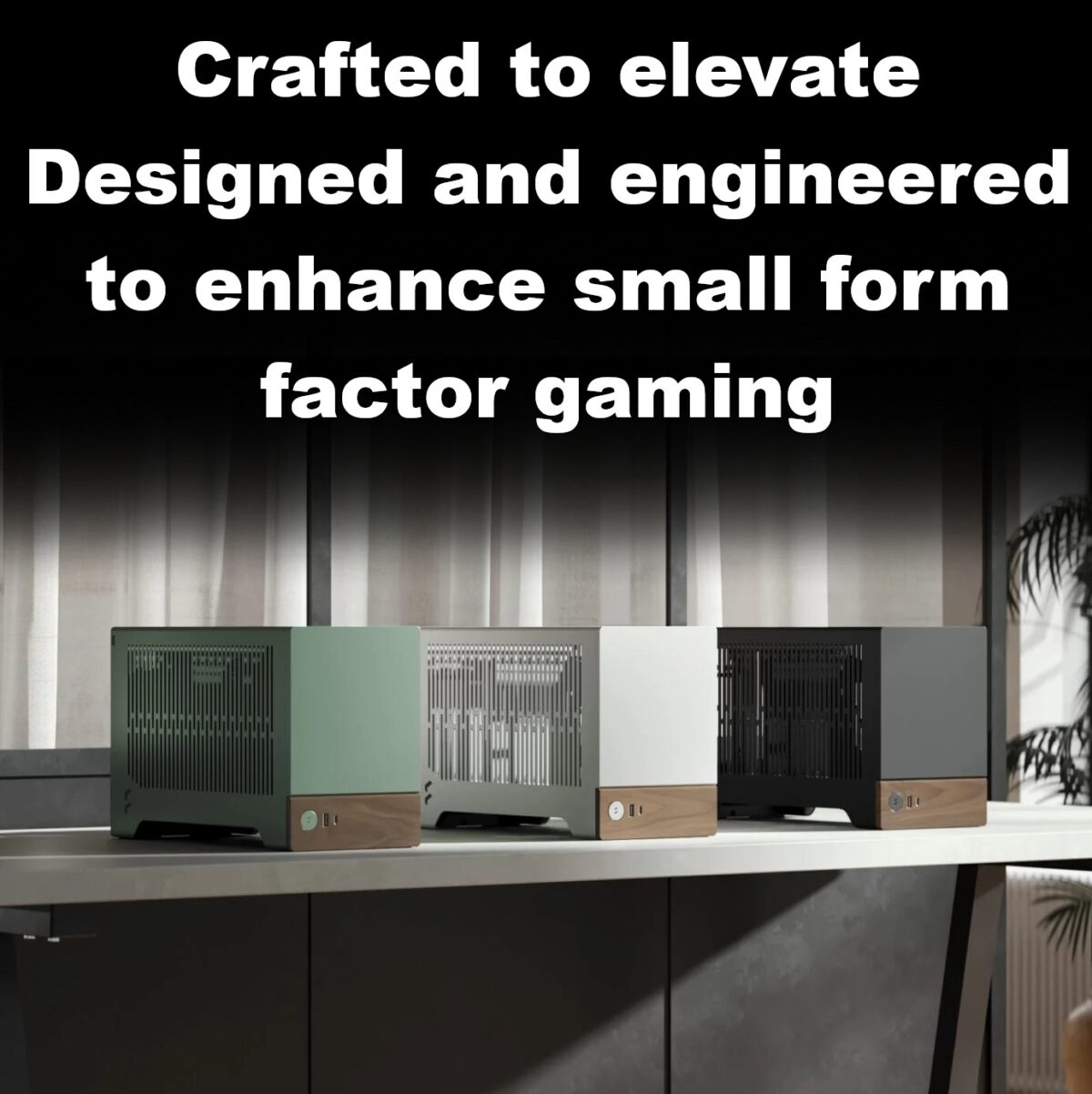 FD-C-TER1N-01 FRACTAL DESIGN TERRA GRAPHITE MINI ITX USB 3.2 CASE Fractal Terra Graphite Mini-ITX Case With Solid Walnut Front, 8mm Aluminum Panel, PCIe 4.0 Riser, Adjustable Spine, 322mm GPU Support, SFX PSU, Dual SSD Mounts ~ FD-C-TER1N-01