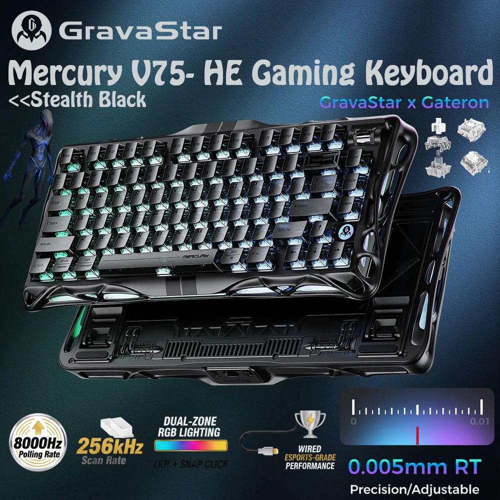 GravaStar Mercury V75-HE Gaming Keyboard With RGB Gateron Magnetic Jade Pro Switch : 8000Hz Polling Rate, 0.005mm Magnetic Switch Precision, 0.125ms Ultra-Low Latency, 256kHz Scan Rate, Adjustable Actuation, Rapid Trigger, Semi-Aluminum Build  | Stealth Black