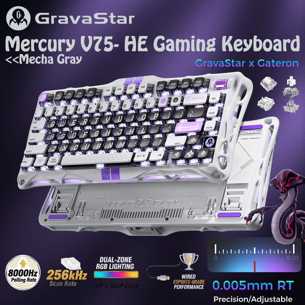 GravaStar Mercury V75-HE Gaming Keyboard With RGB Gateron Magnetic Jade Pro Switch : 8000Hz Polling Rate, 0.005mm Magnetic Switch Precision, 0.125ms Ultra-Low Latency, 256kHz Scan Rate, Adjustable Actuation, Rapid Trigger, Semi-Aluminum Build  | Mecha Gray