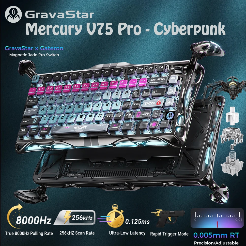GravaStar Mercury V75 Pro Hall Effect Gaming Keyboard With Gateron HE Magnetic Jade Switch, 8000Hz Polling Rate, 0.005mm Precision, 256K Scan Rate, Adjustable Actuation, Rapid Trigger, RGB Lighting, Semi-Aluminum Build | Cyberpunk