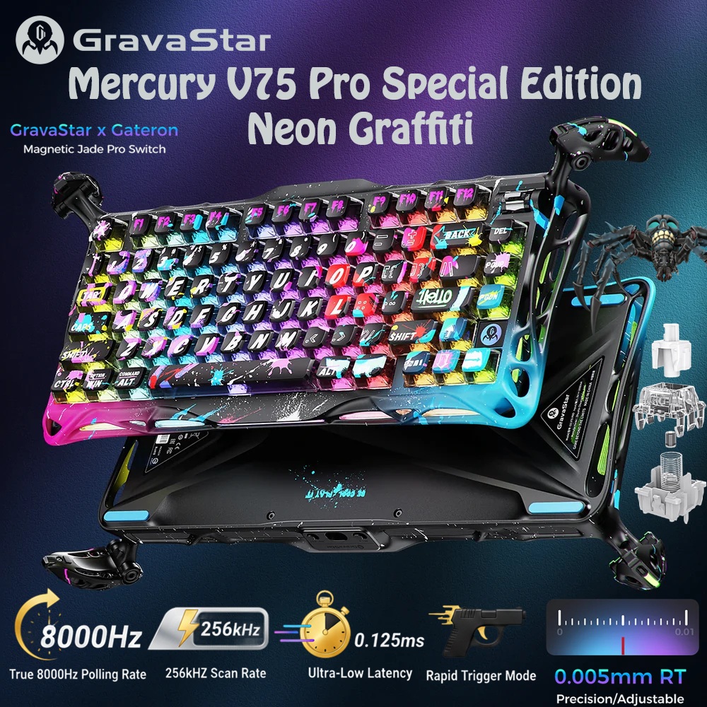 GravaStar Mercury V75 Pro Hall Effect Gaming Keyboard With Gateron HE Magnetic Jade Switch, 8000Hz Polling Rate, 0.005mm Precision, 256K Scan Rate, Adjustable Actuation, Rapid Trigger, RGB Lighting, Semi-Aluminum Build | Special Edition - Neon Graffiti