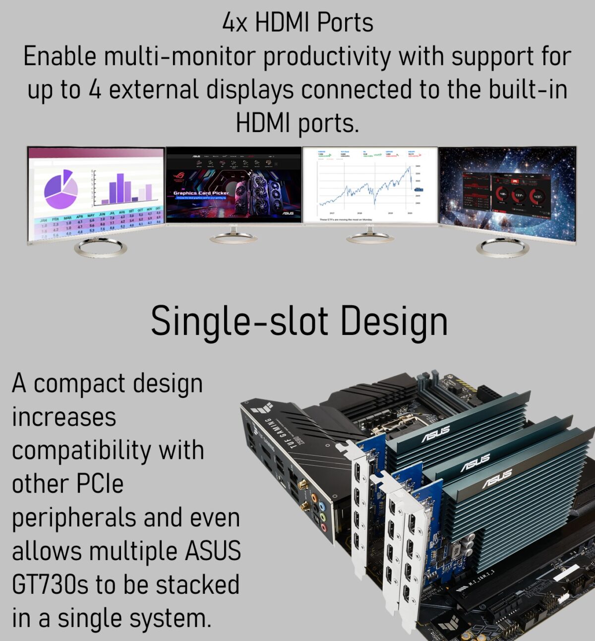 ASUS GeForce® GT 730 Graphics Card With 2GB GDDR5, 4x HDMI 4K Output, Passive Cooling, Single-Slot Design, PCIe 2.0, GPU Tweak II, Windows 11 Support 