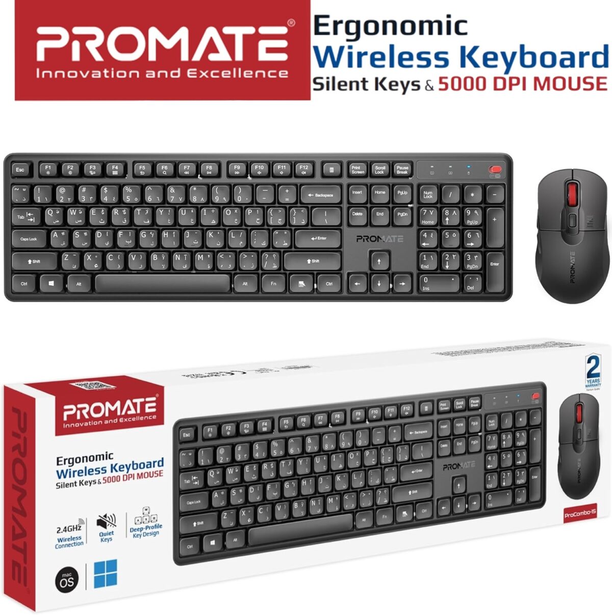 Promate ProCombo-15 Wireless Keyboard And Mouse Combo With Silent Keys Under 22dB, Ergonomic Design, 2.4GHz Connectivity, 5000 DPI Adjustable Mouse, Plug And Play Support