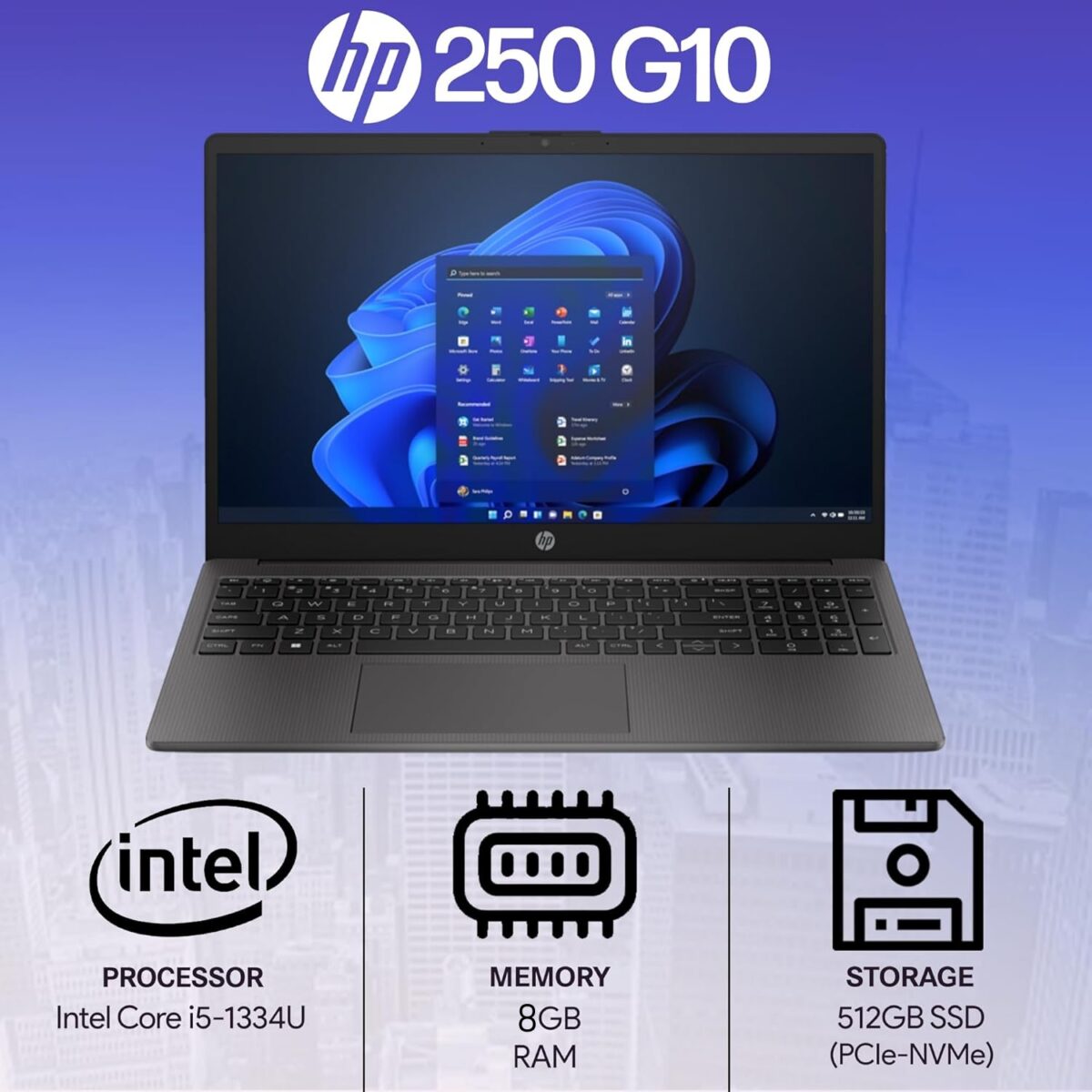 HP 250 G10 :  Intel® Core i5-1334U | 8GB DDR4 RAM, 512GB NVMe® SSD | Integrated Graphics | 15.6-inch FHD IPS Display | DOS | En/AR Keyboard | Dark Ash Silver ~ AK9P9AT#ABB