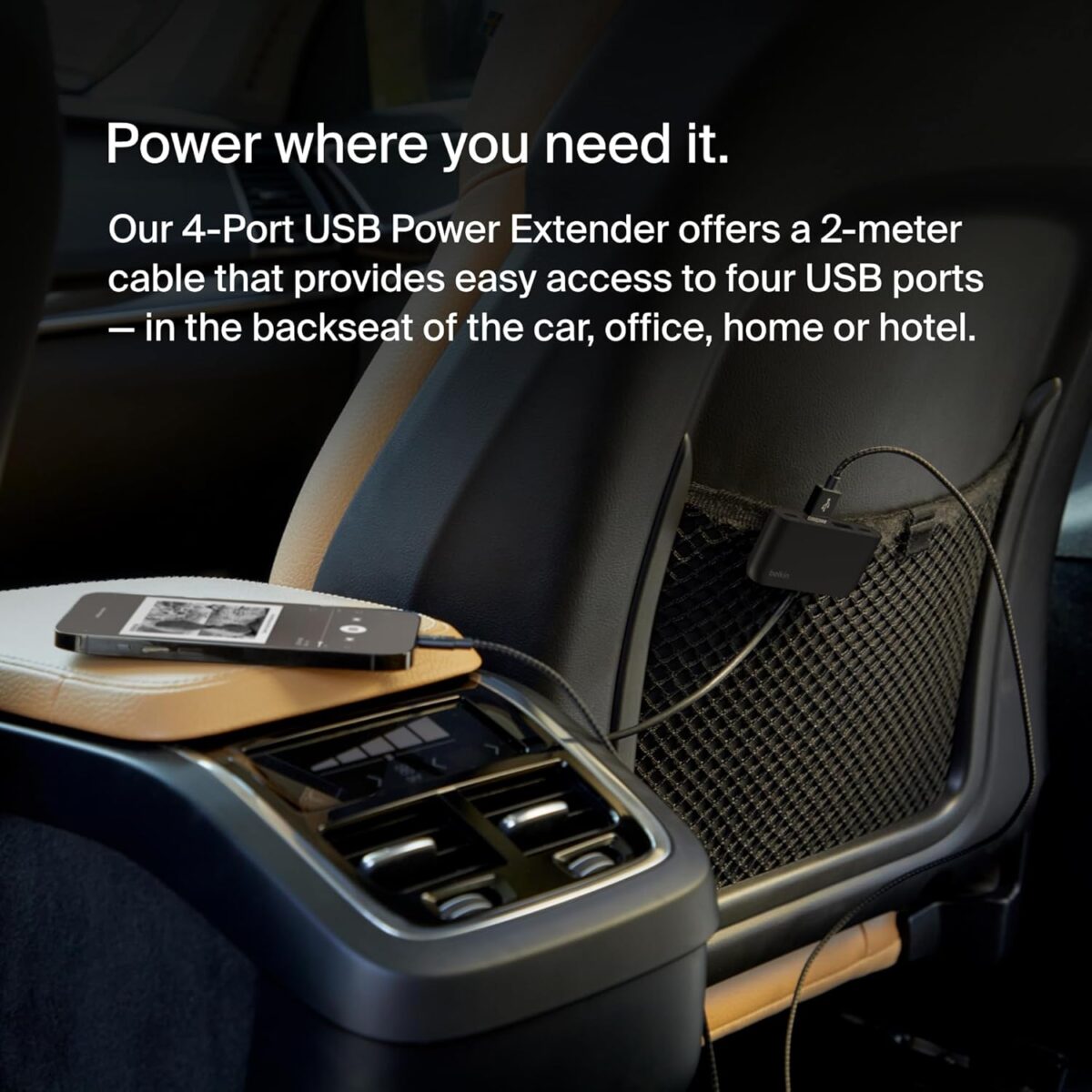 Belkin BoostCharge 4-Port USB Power Extender , 2× USB-C + 2× USB-A, 2m Extension Cable, Multi-Device Charging for iPhone 17/16/15 Series, iPad, Pixel, Galaxy & More | BLACK~ BUZ001