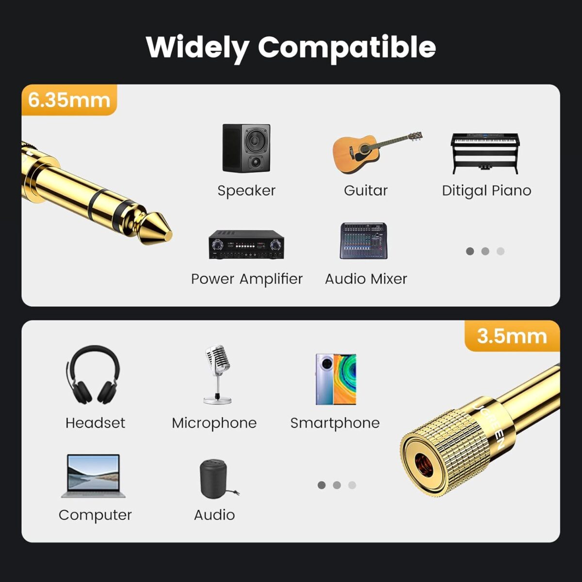 UGREEN 6.35mm To 3.5mm Stereo Audio Adapter With 24K Gold-Plated Brass Copper Build, Plug And Play Design For Headphones, Guitars, Digital Pianos, Amps And Speakers