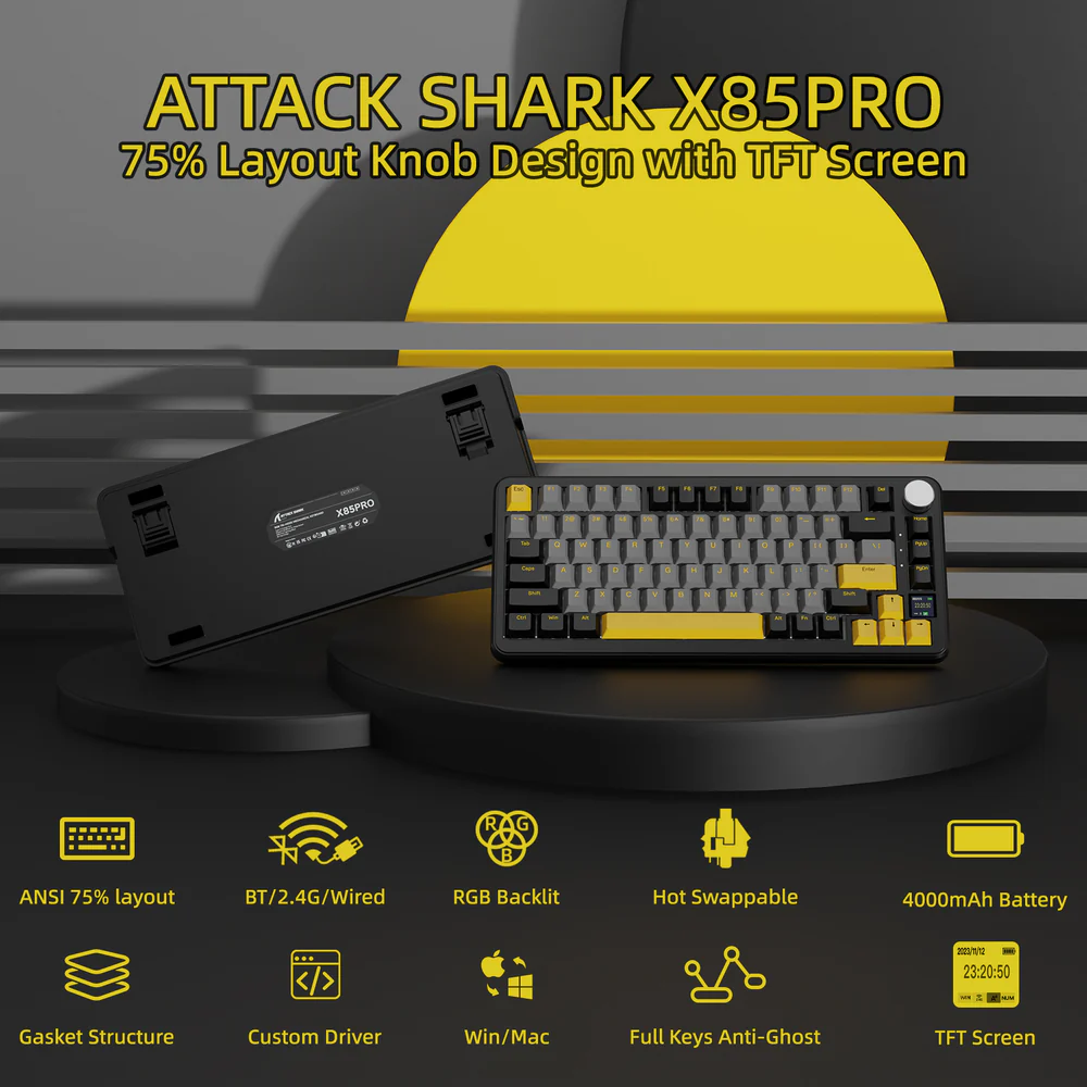 ATTACK SHARK X85PRO Tri-Mode 75% Gasket Mechanical Keyboard With TFT Smart Display, CNC Knob, Hot-Swap PCB, 4000mAh Battery, QMK Support, And Pre-Lubed Linear Blueberry Switches | Starry Black